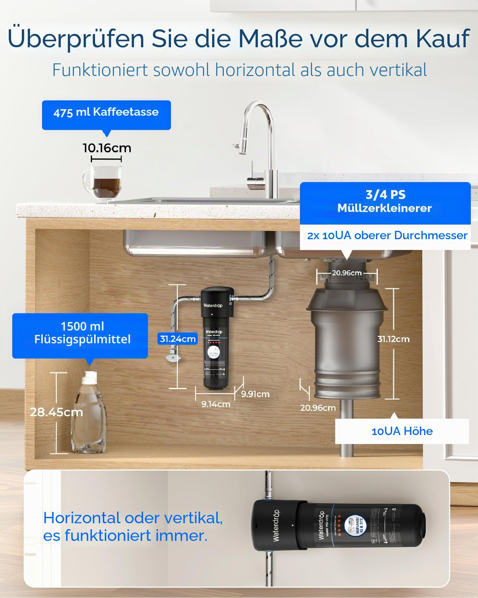 Diagramma con le dimensioni del filtro d'acqua e del trituratore sottolavello.