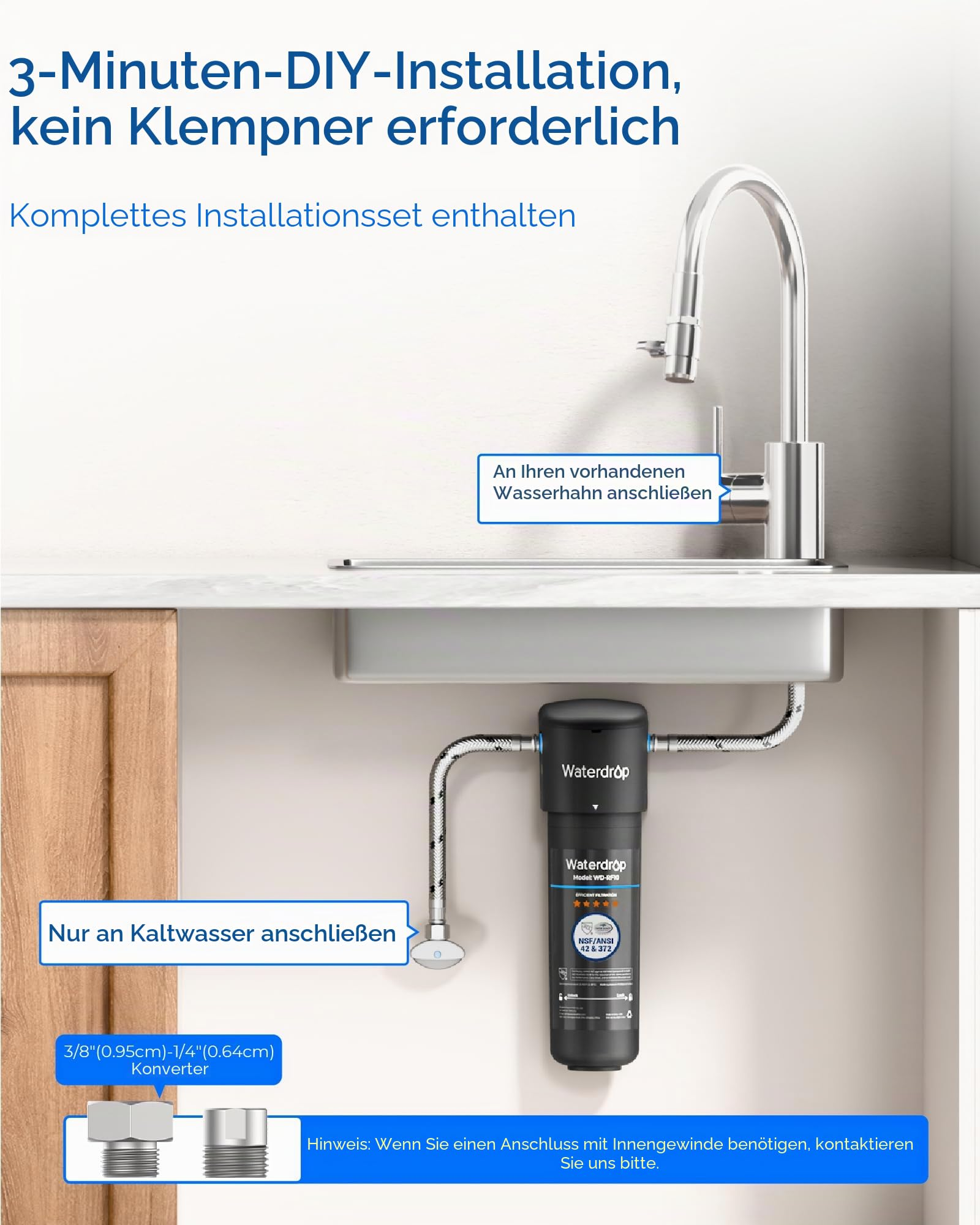 La vista sotto il lavello mostra un sistema di filtrazione dell'acqua Waterdrop collegato a un rubinetto.