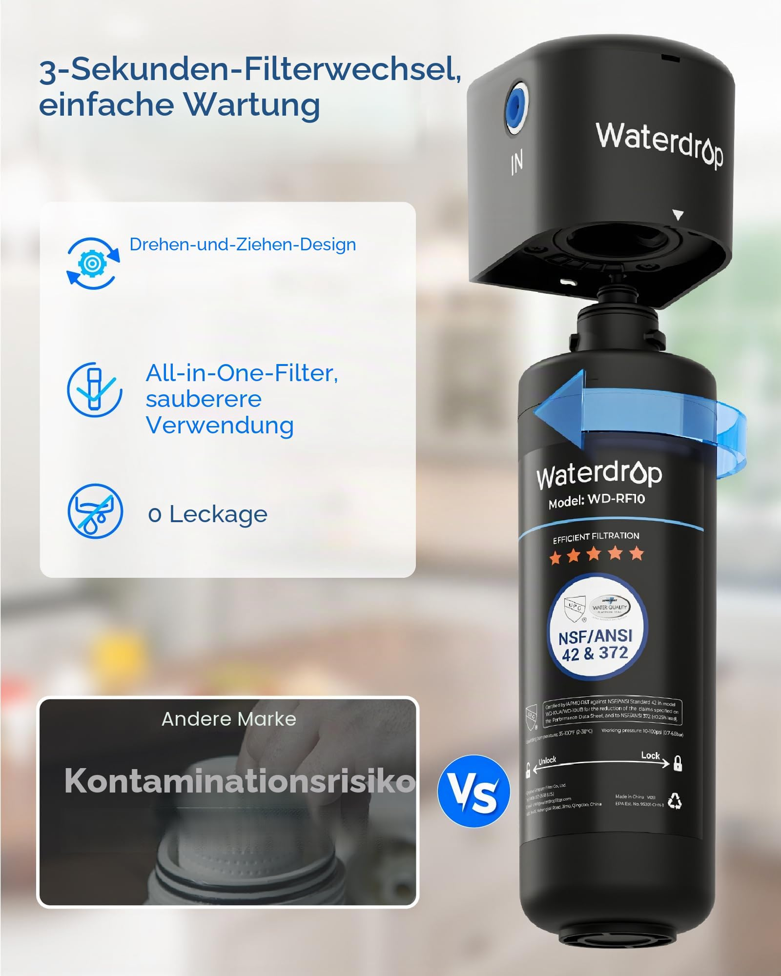 Infografica mostra il filtro dell'acqua Waterdrop con facile sostituzione rispetto a un altro marchio.