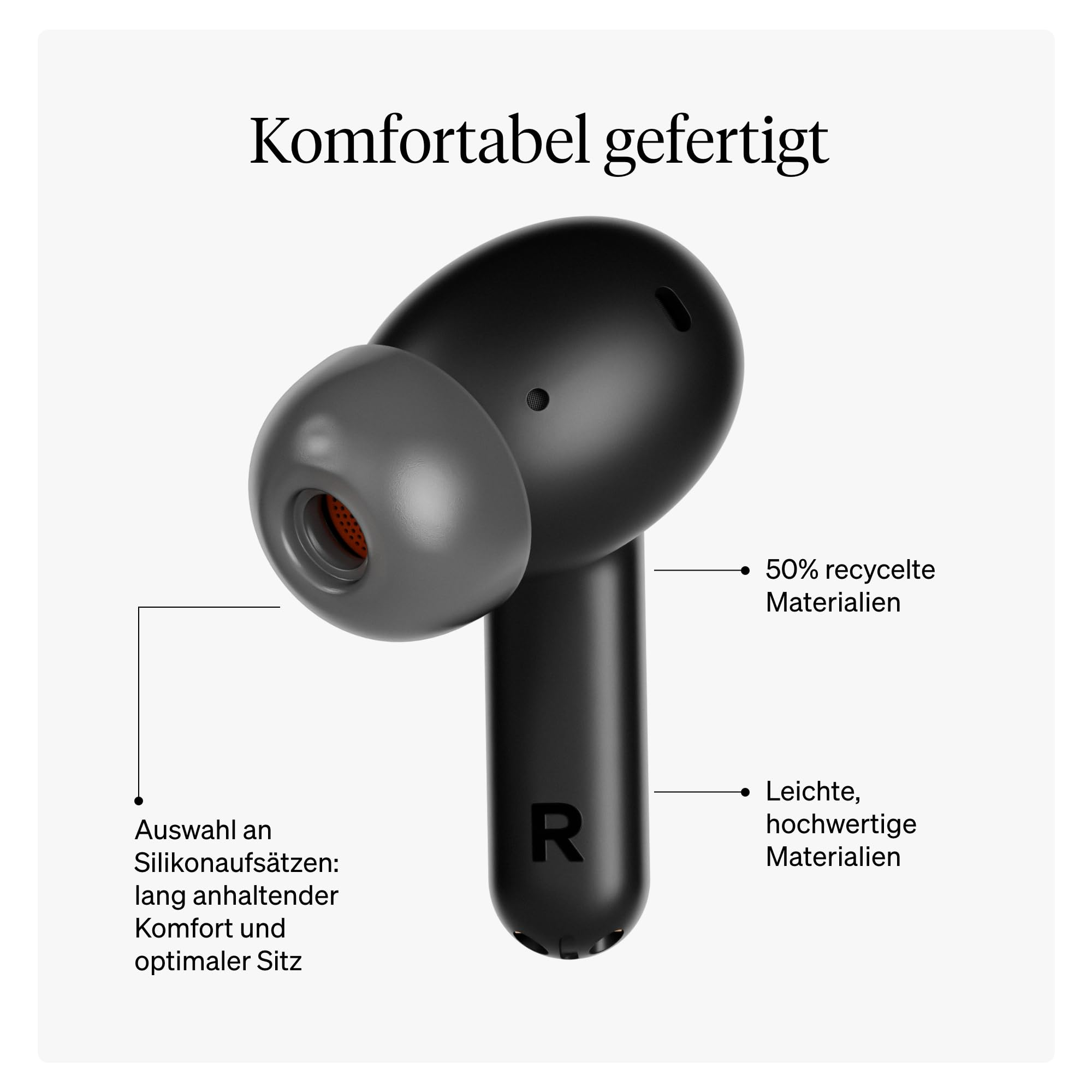 Écouteur intra-auriculaire noir avec embout en silicone, texte et lignes sur fond clair.