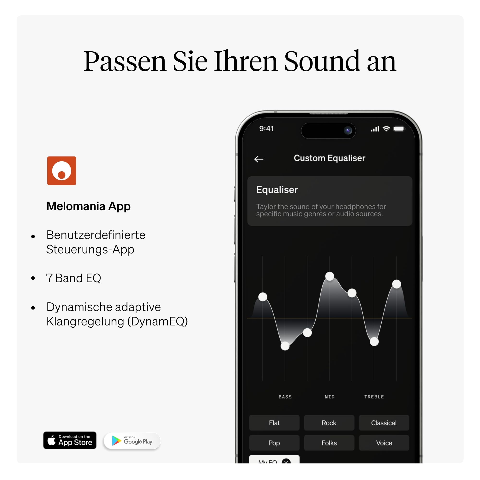 Interface d'application avec égaliseur pour le réglage du son sur un smartphone.
