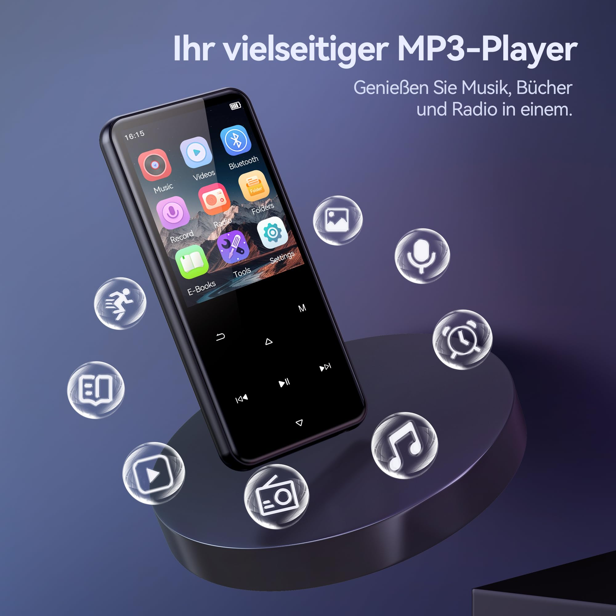 Un lettore MP3 nero su un piedistallo rotondo, circondato da bolle galleggianti con icone di funzioni.