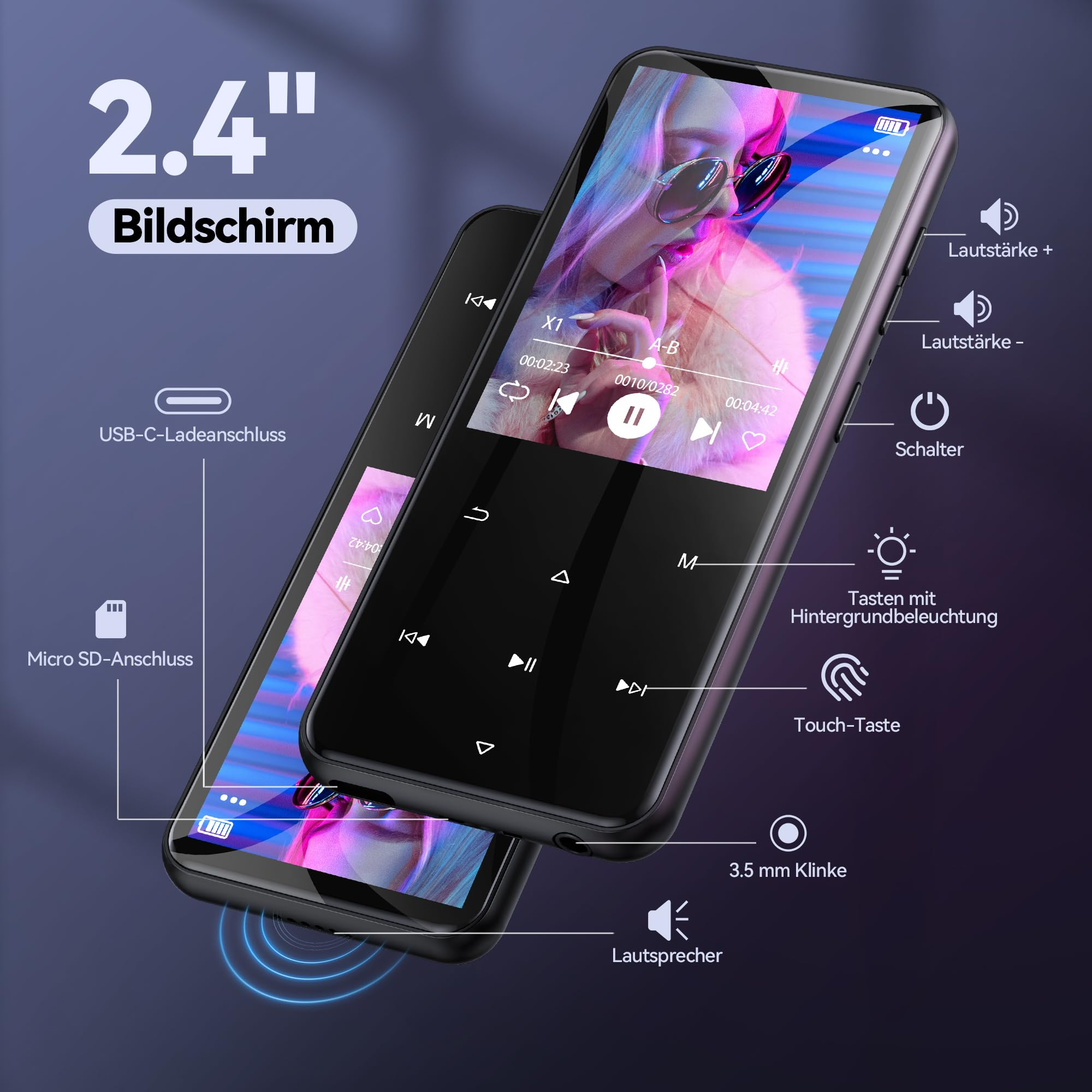 Lettore MP3 con schermo da 2.4 pollici ed etichette tedesche di tasti e porte.