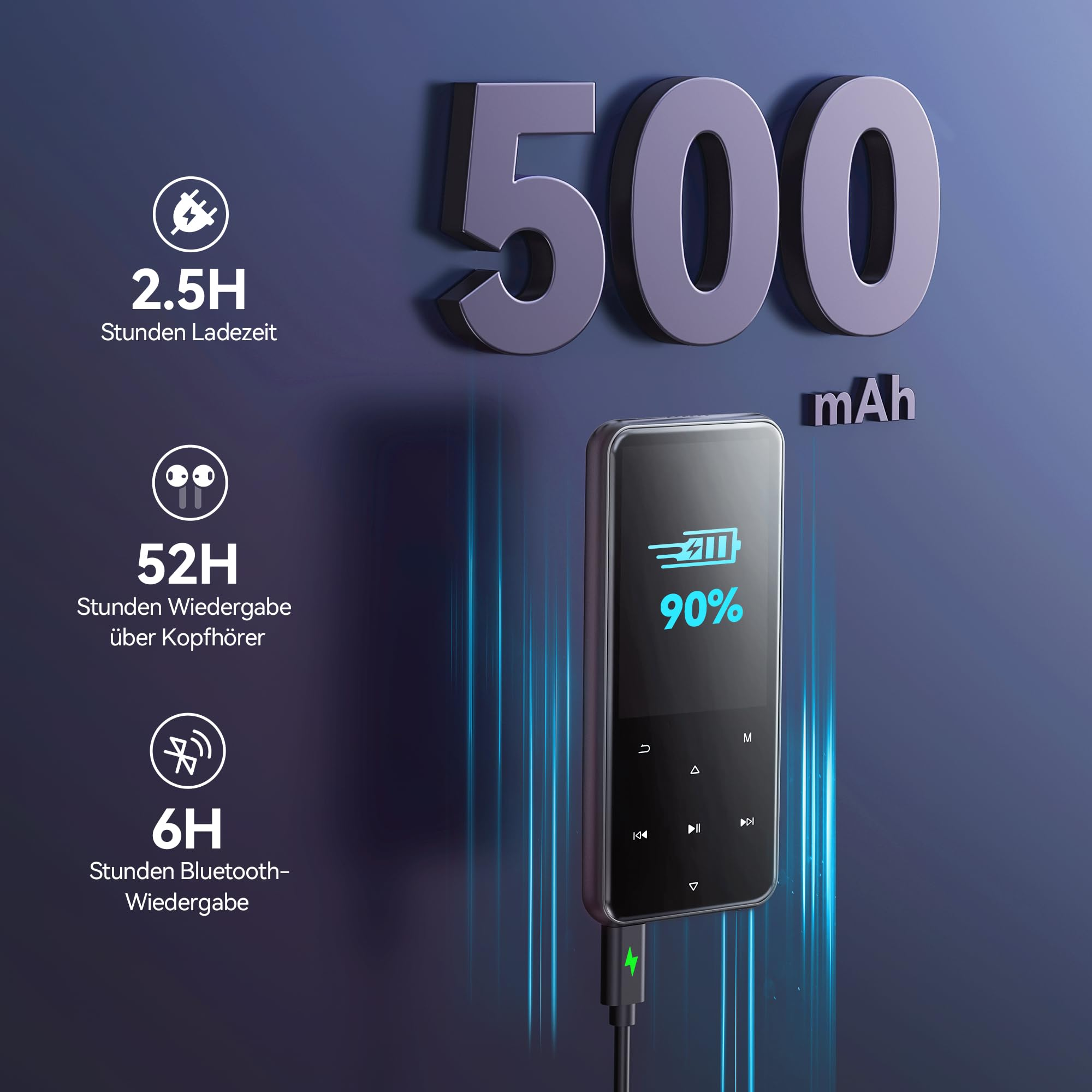Lettore MP3 con batteria da 500 mAh, ricarica di 2.5h, 52h di riproduzione e 6h Bluetooth.