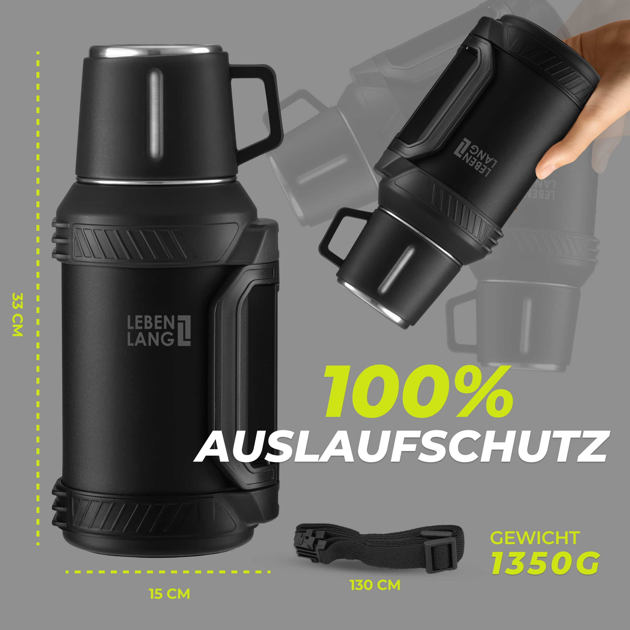 Eine schwarze Leben Lang Thermosflasche mit Maßen, Gurt und 100% auslaufsicher Text auf grauem Hintergrund.