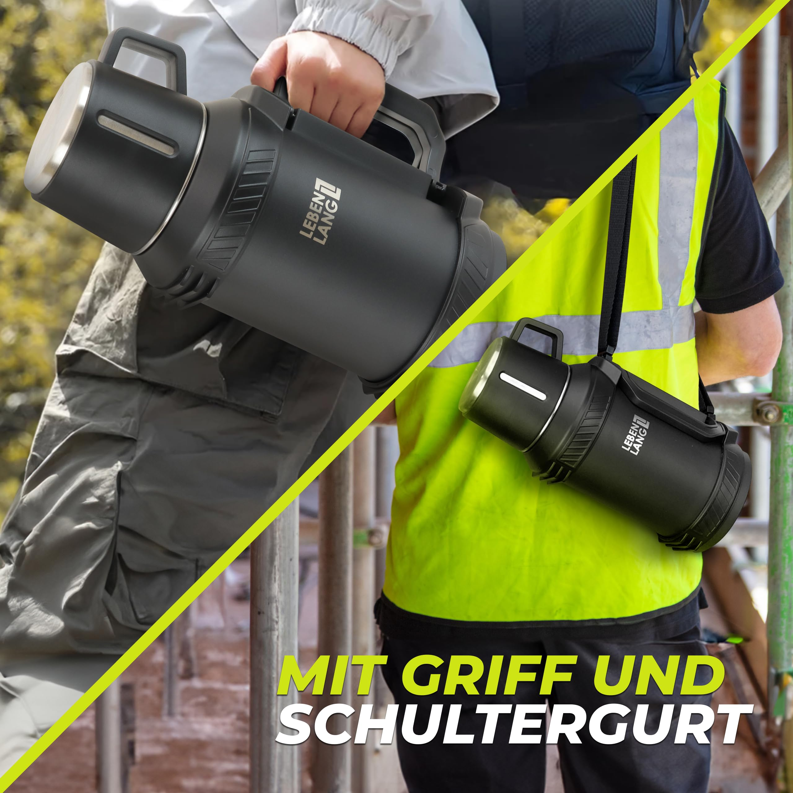 Eine Person hält eine schwarze Thermoskanne mit Griff und Schultergurt.