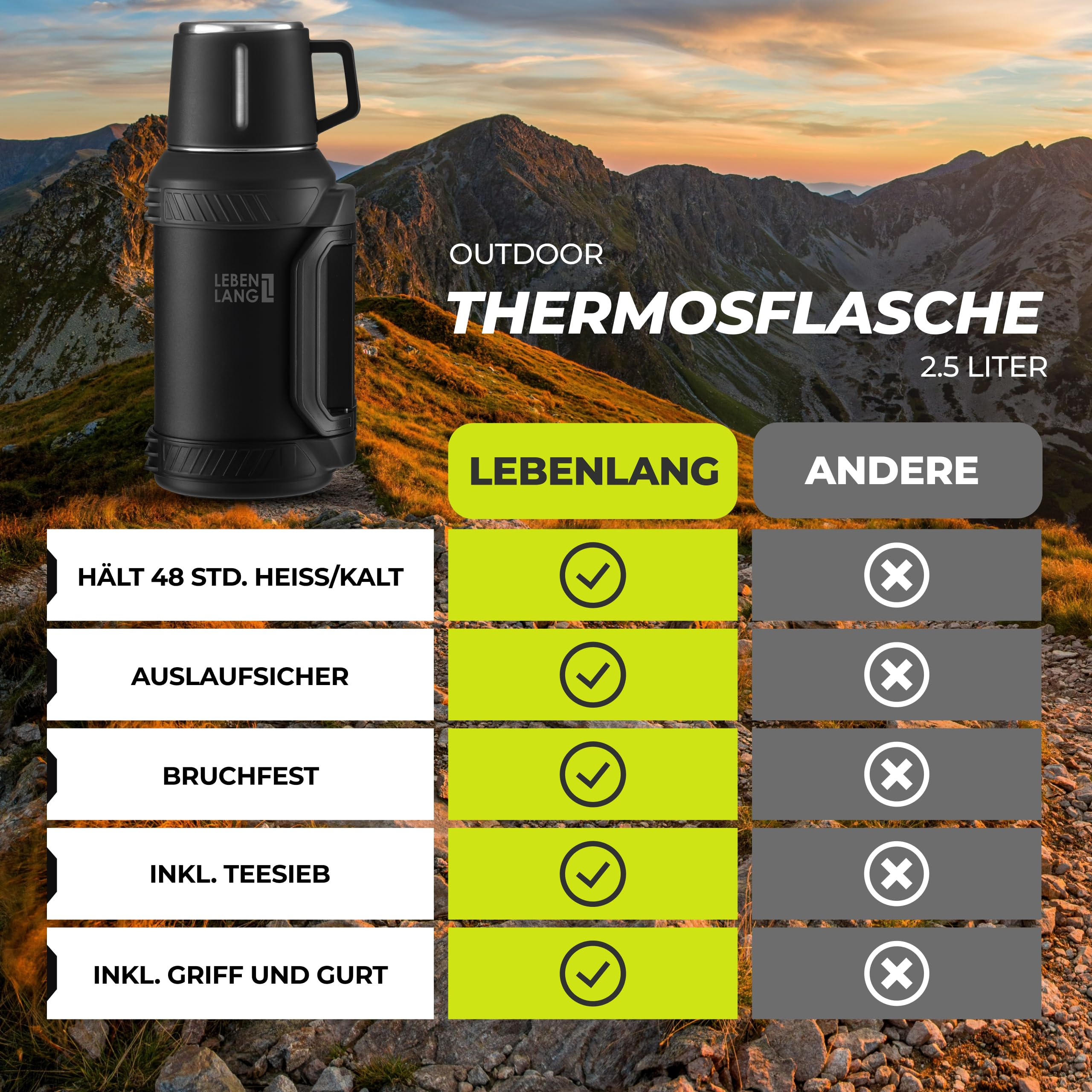 Schwarze 2,5L Outdoor-Thermosflasche vor Berglandschaft mit Vergleichstabelle.