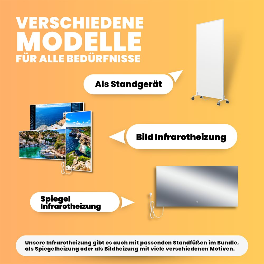 Werbegrafik für verschiedene Infrarotheizung-Modelle wie Standgerät, Bild-Infrarotheizung und Spiegel-Infrarotheizung.