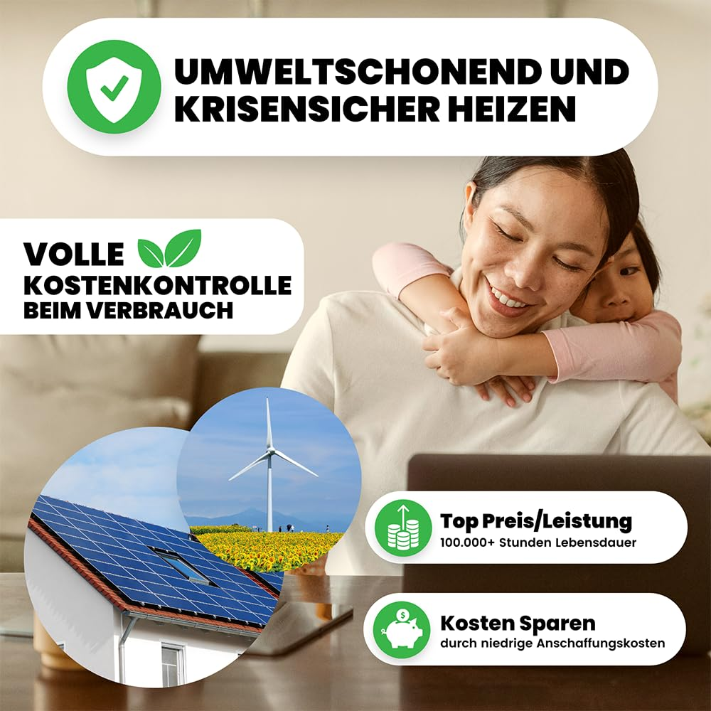 Eine Frau mit Kind vor einem Laptop, mit Solarpanels, Windkraft und Texten zu umweltfreundlichem Heizen.