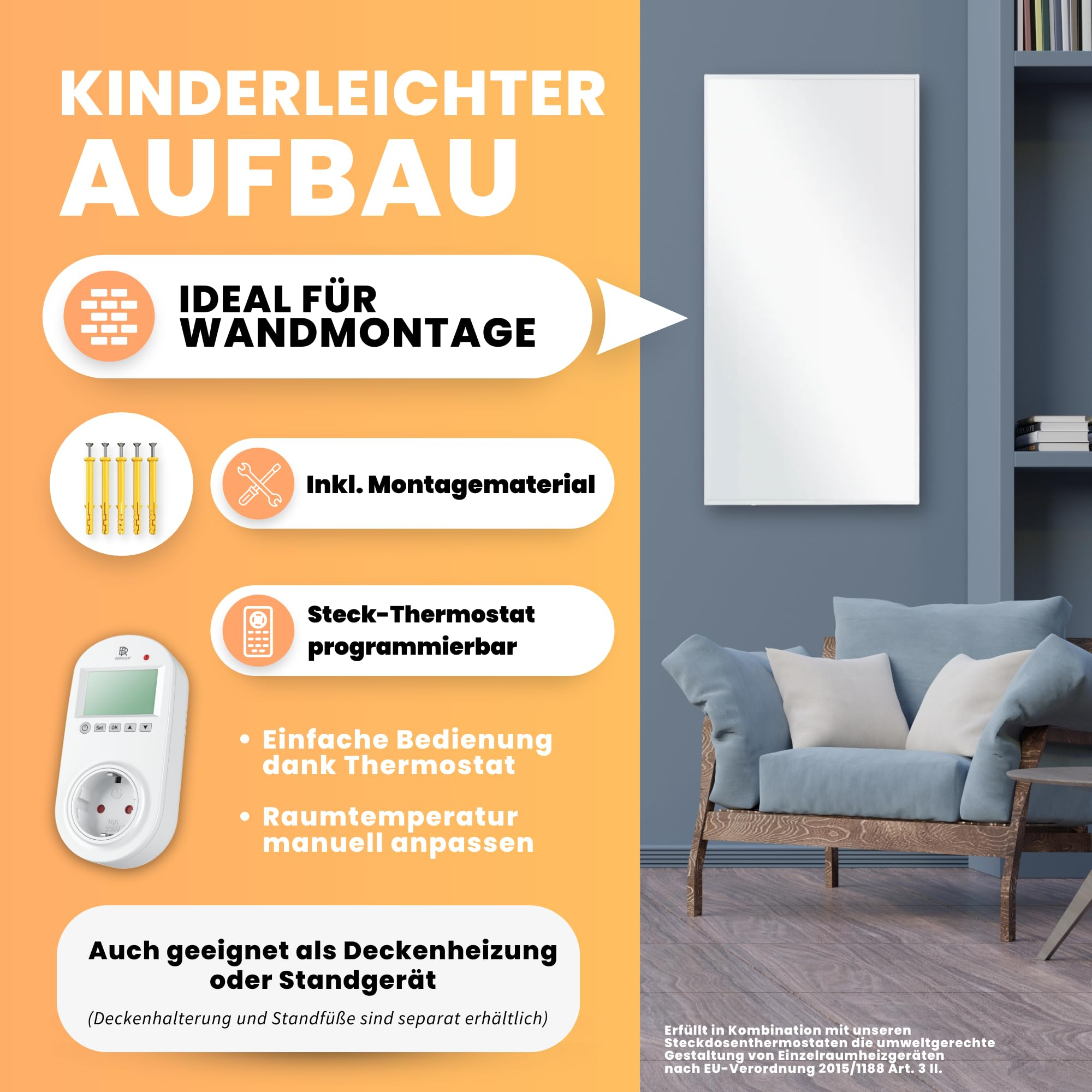 Wandheizung mit Montagezubehör und programmierbarem Thermostat in einem modern eingerichteten Raum.