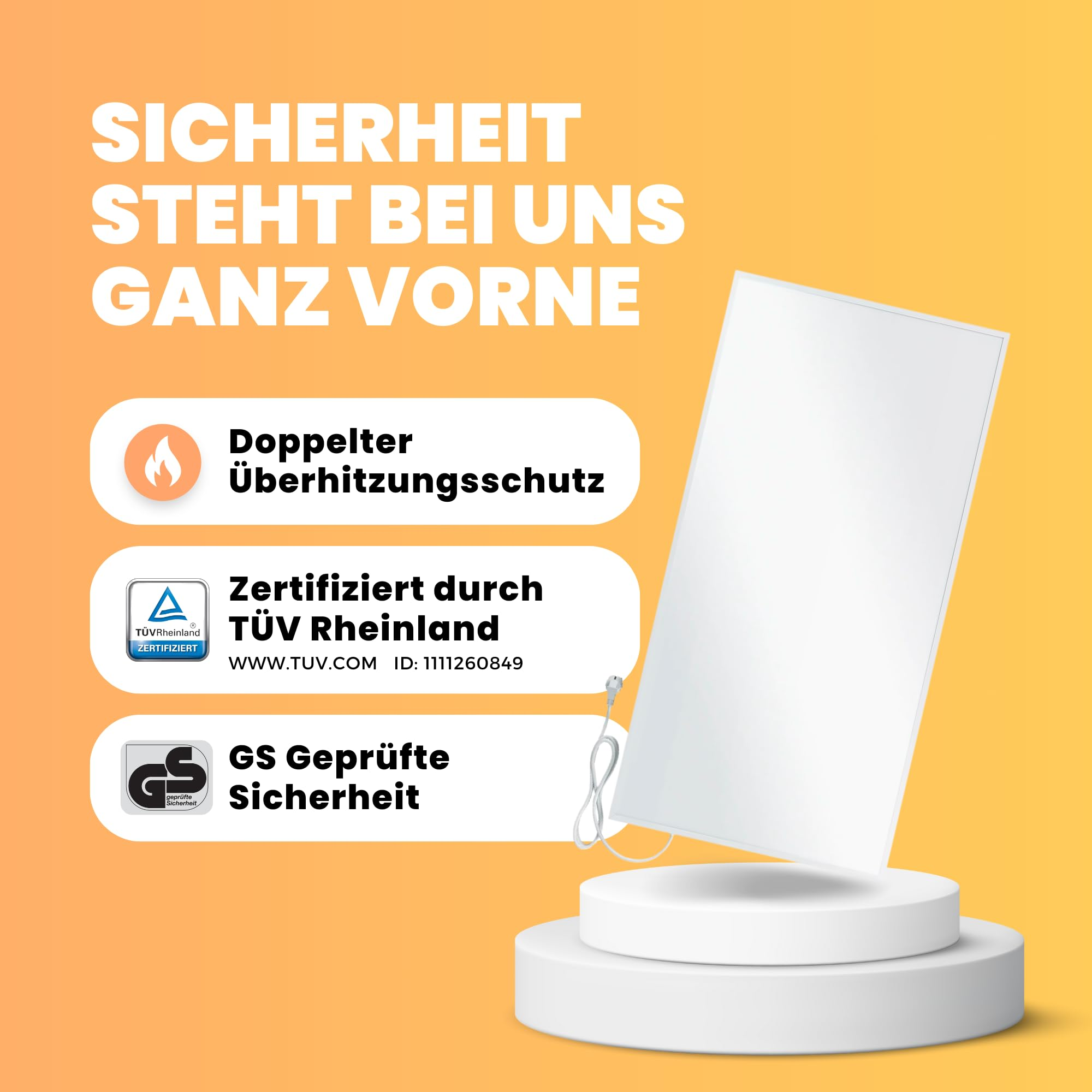 Eine Heizplatte auf weißem Podest vor gelbem Hintergrund mit Text über Sicherheitszertifikate.