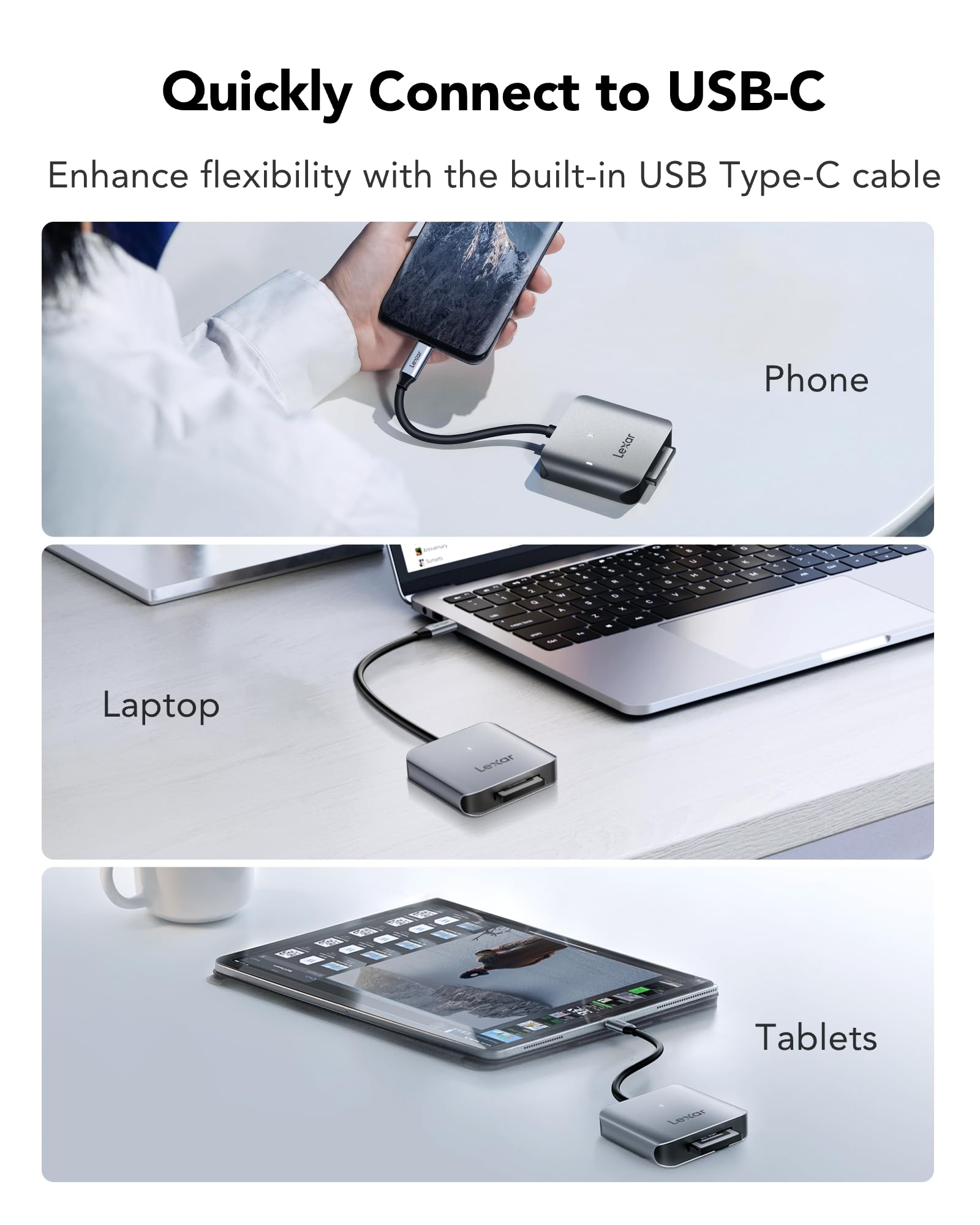 Drei Bilder zeigen einen silbernen USB-C-Hub, angeschlossen an ein Smartphone, einen Laptop und ein Tablet.