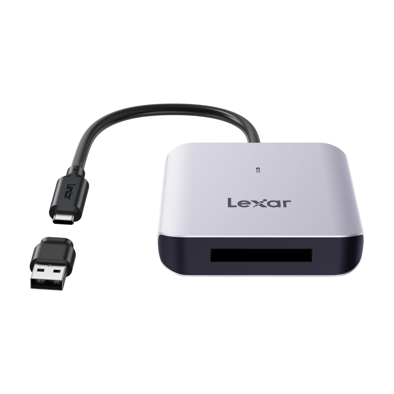 Lexar Kartenleser in Silber und Schwarz mit USB-C Kabel und USB-A Adapter vor einem weißen Hintergrund.