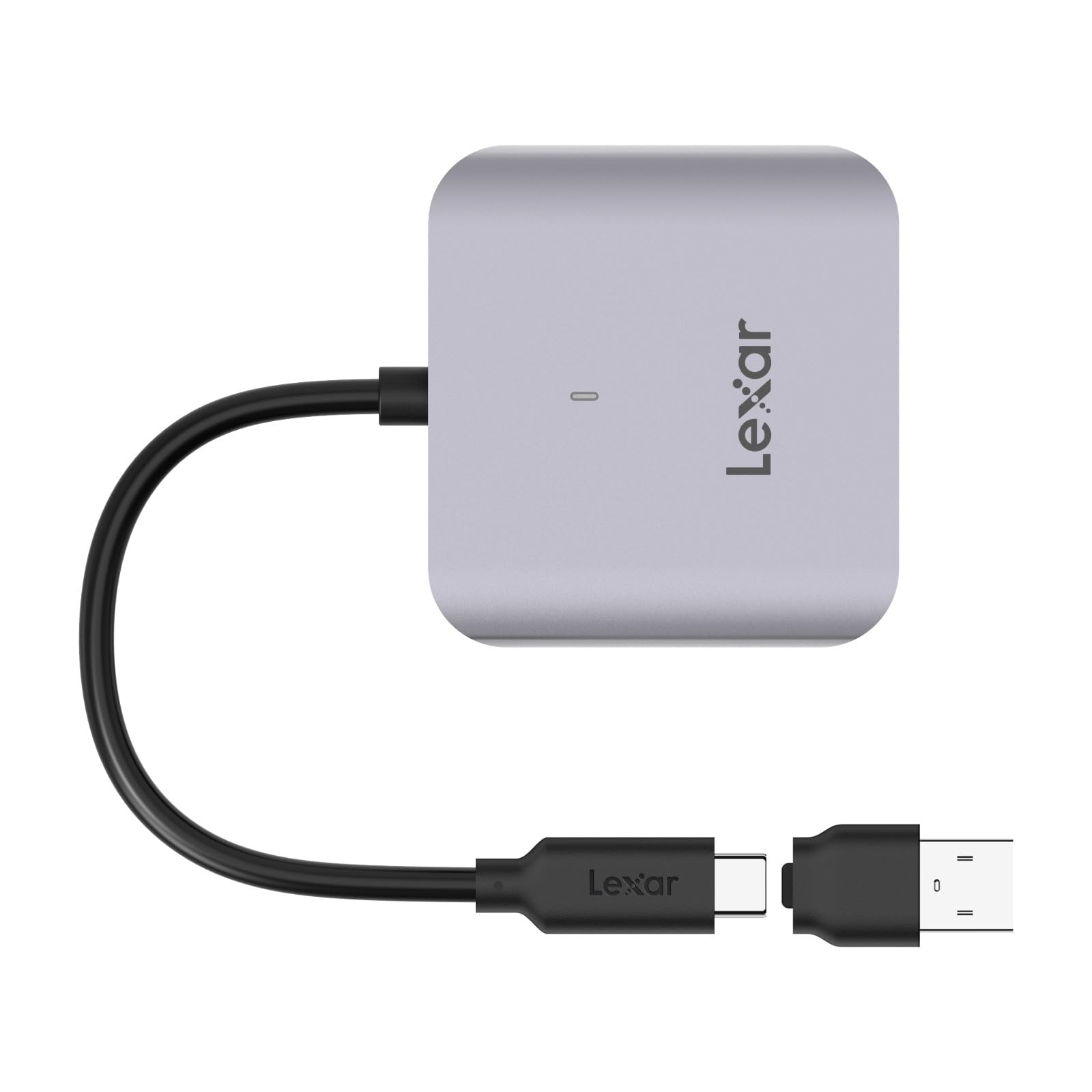 Lexar Silberner Hub mit schwarzem USB-Kabel und Adapter auf weißem Hintergrund.