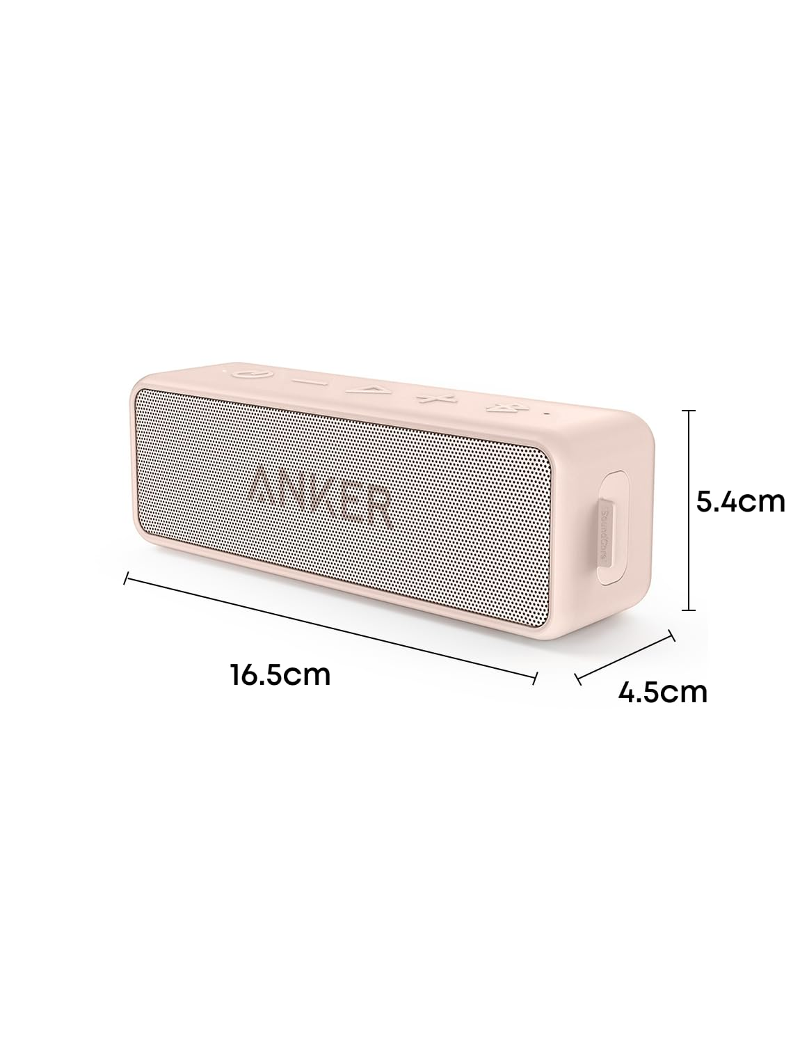 Haut-parleur sans fil Anker rose de 16,5 cm de long, 5,4 cm de haut et 4,5 cm de large sur fond blanc.