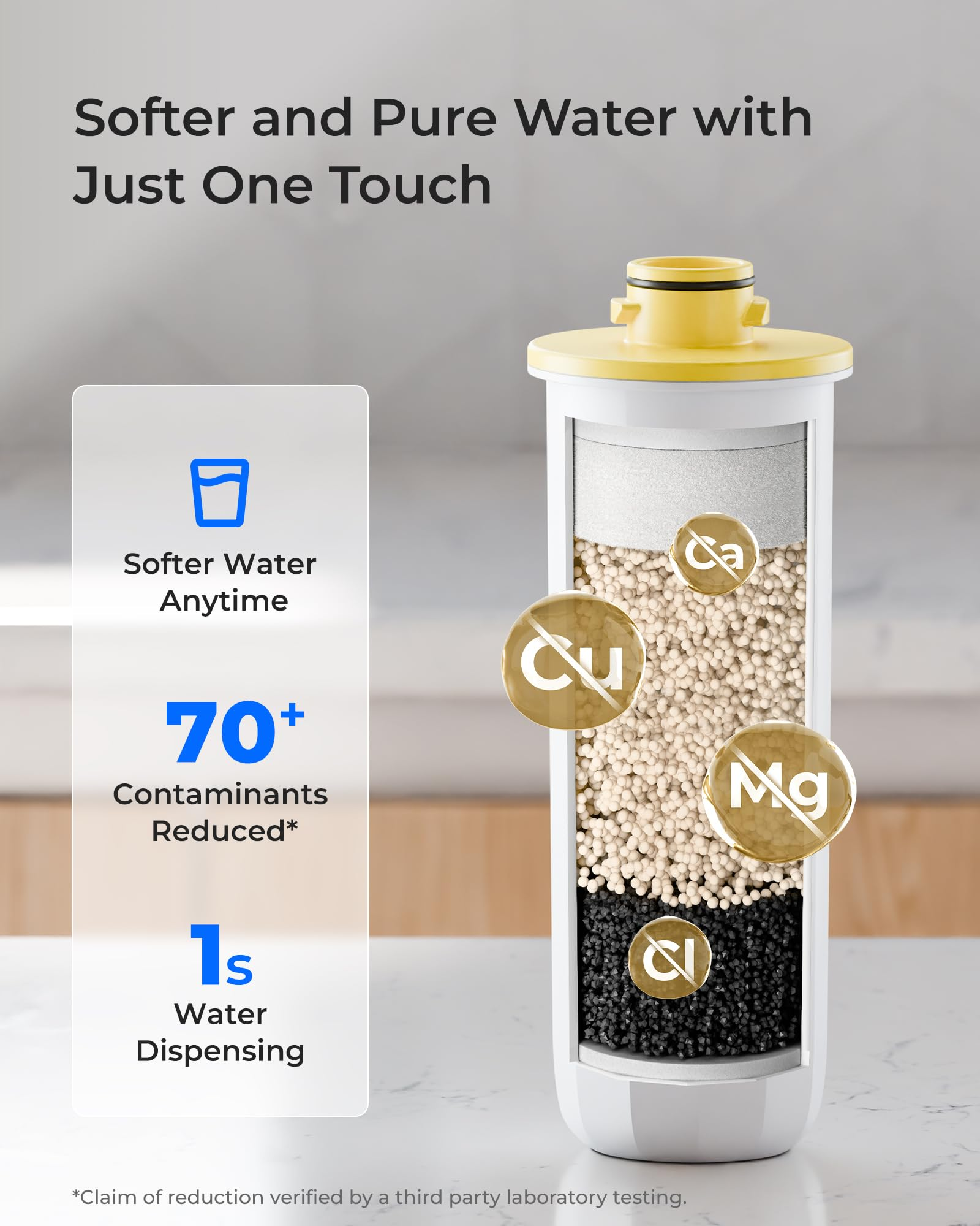 Wasserfilter mit Schichten und Text: Weicheres und reines Wasser durch eine Berührung.