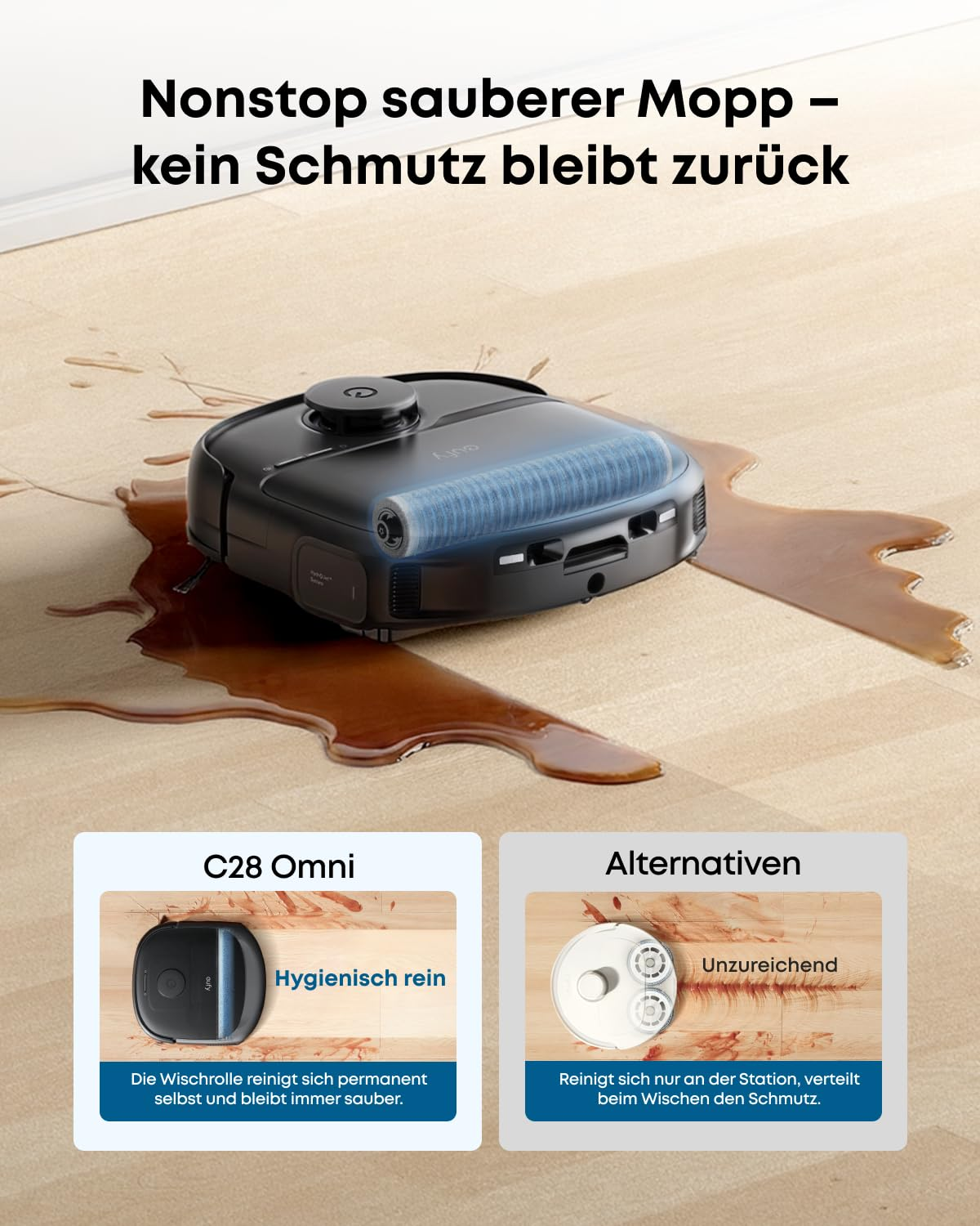 Ein schwarzer Saugroboter reinigt eine flüssige Verschmutzung auf dem Holzfussboden.