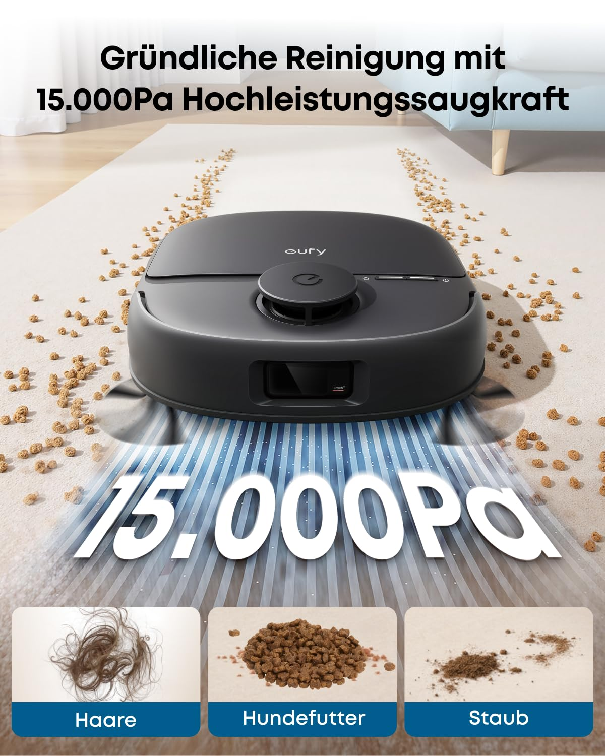 Ein schwarzer Saugroboter reinigt einen Teppich mit 15.000Pa Saugleistung, um Haare, Hundefutter und Staub zu entfernen.