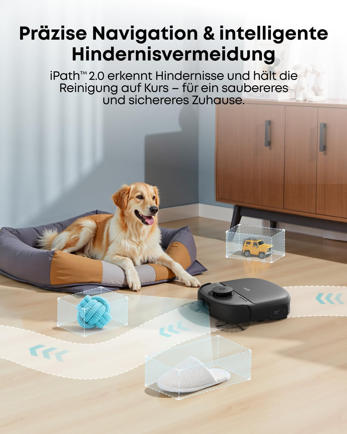 Ein Saugroboter navigiert um Hindernisse auf dem Boden, während ein Golden Retriever in einem Bett ruht.