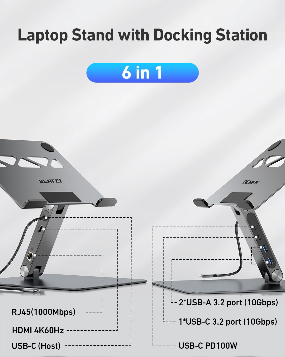 Supporto per laptop Benfei 6 in 1 con docking station che mostra porte come RJ45, HDMI, USB-C e USB-A.