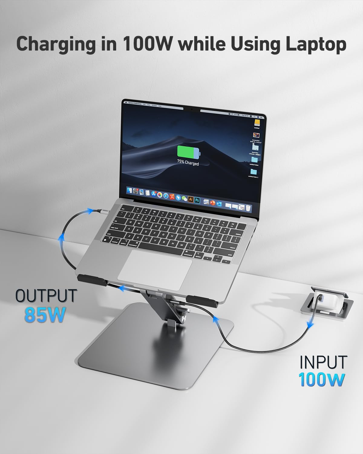 Laptop su supporto in carica con ingresso 100W e uscita 85W.