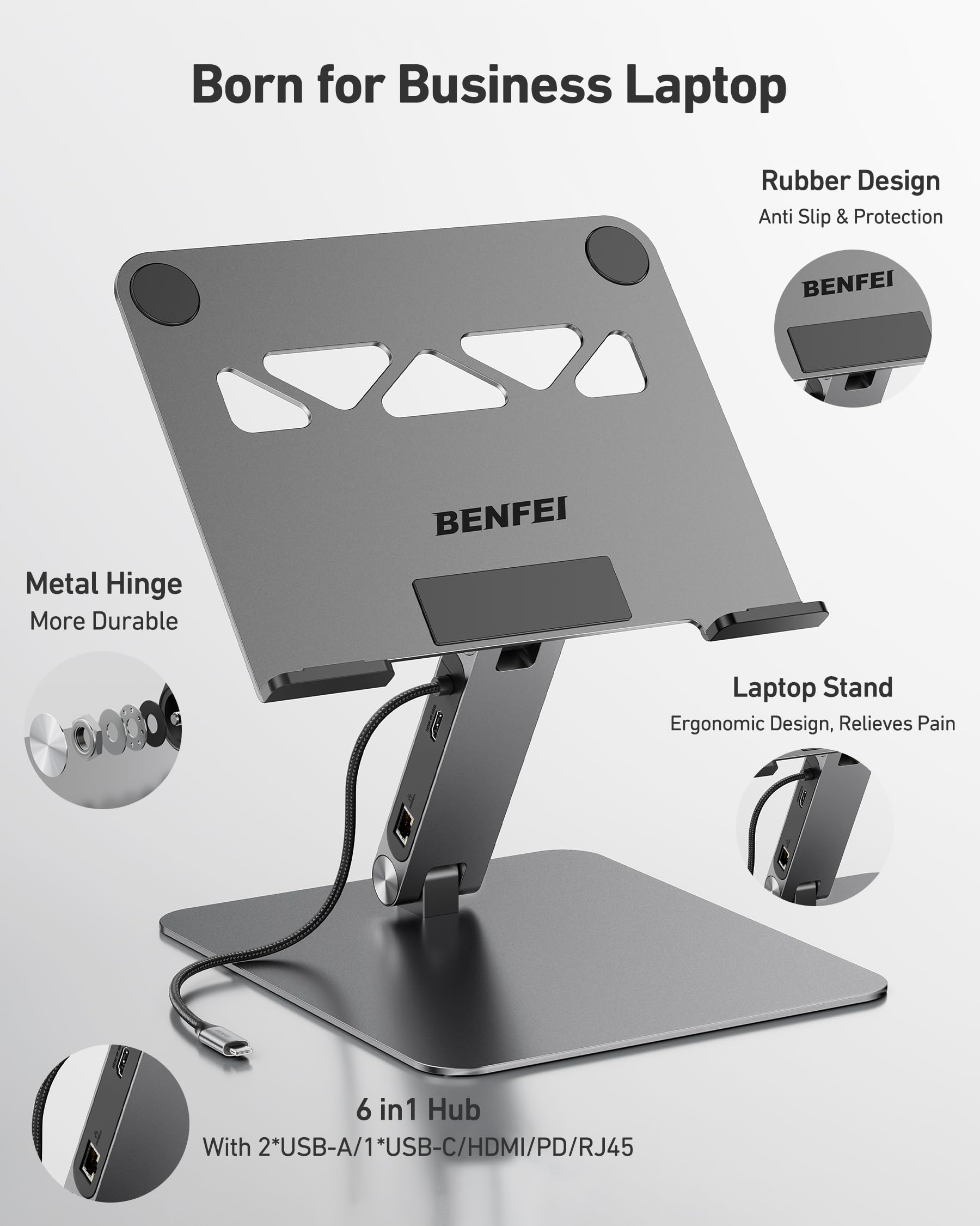 Supporto per laptop Benfei grigio con hub integrato e design ergonomico su sfondo bianco.