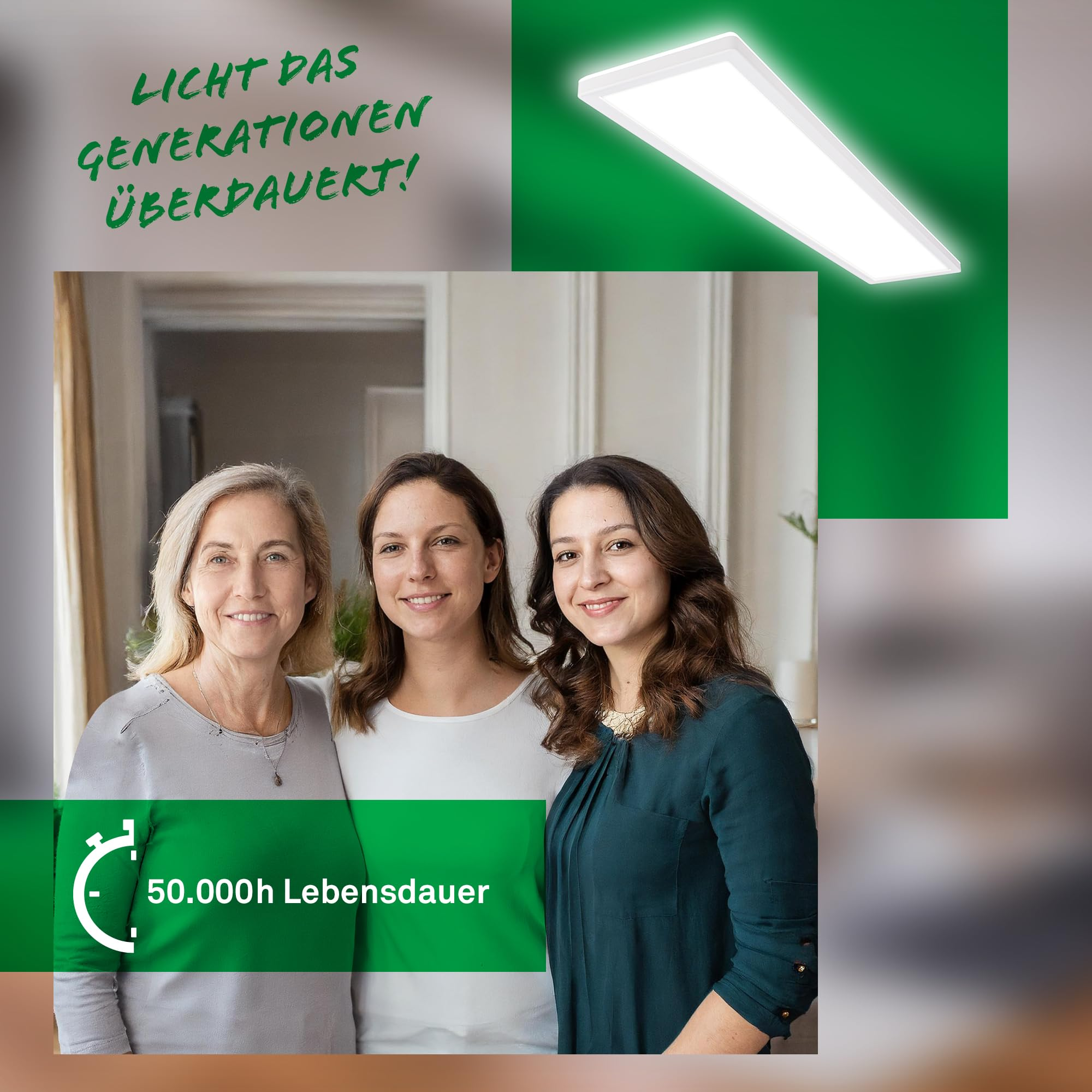 Tre generazioni di donne sorridono alla camera, sopra un pannello LED e testo promozionale.