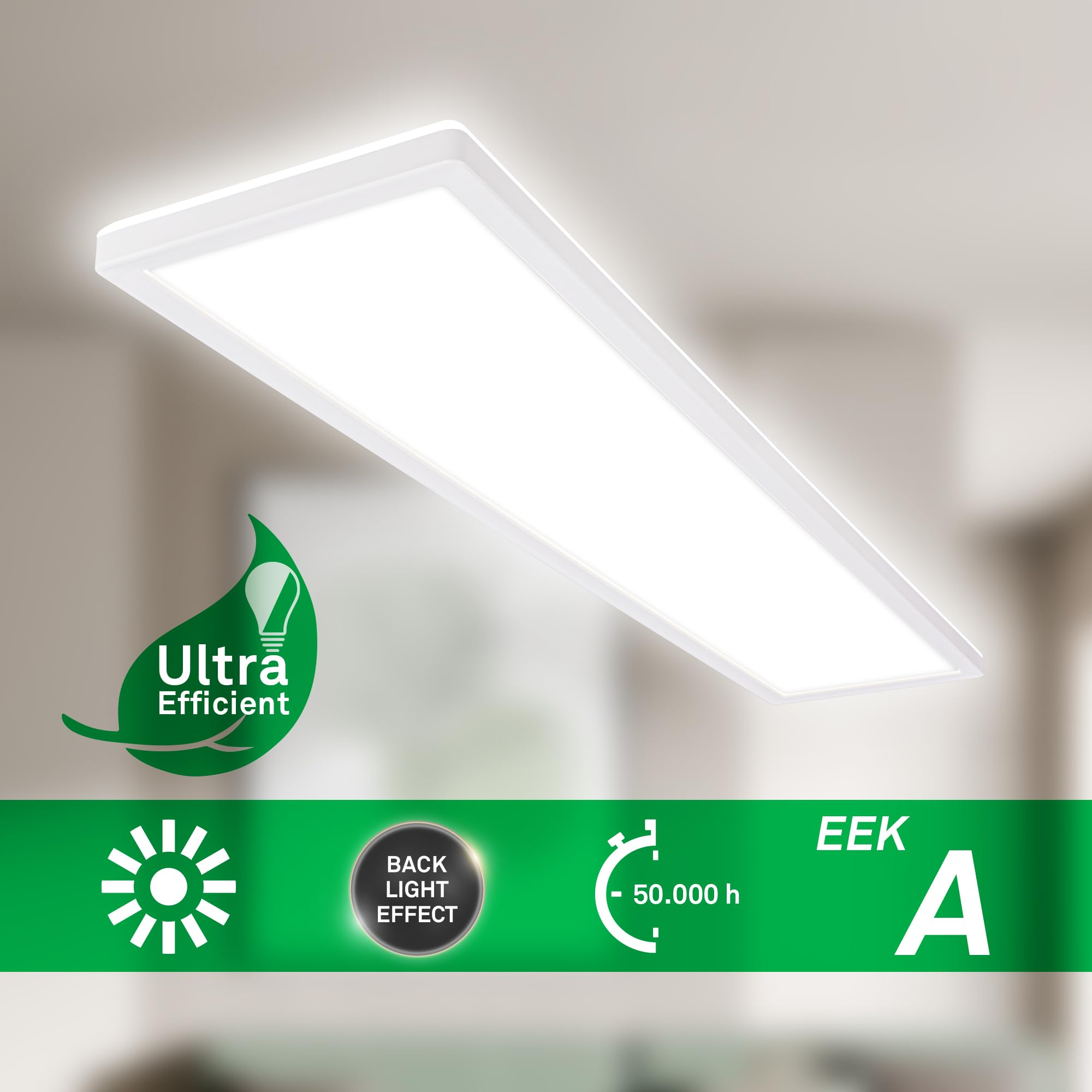 Una plafoniera a LED bianca con etichetta verde e icone per retroilluminazione, 50.000 ore e classe di efficienza energetica A.