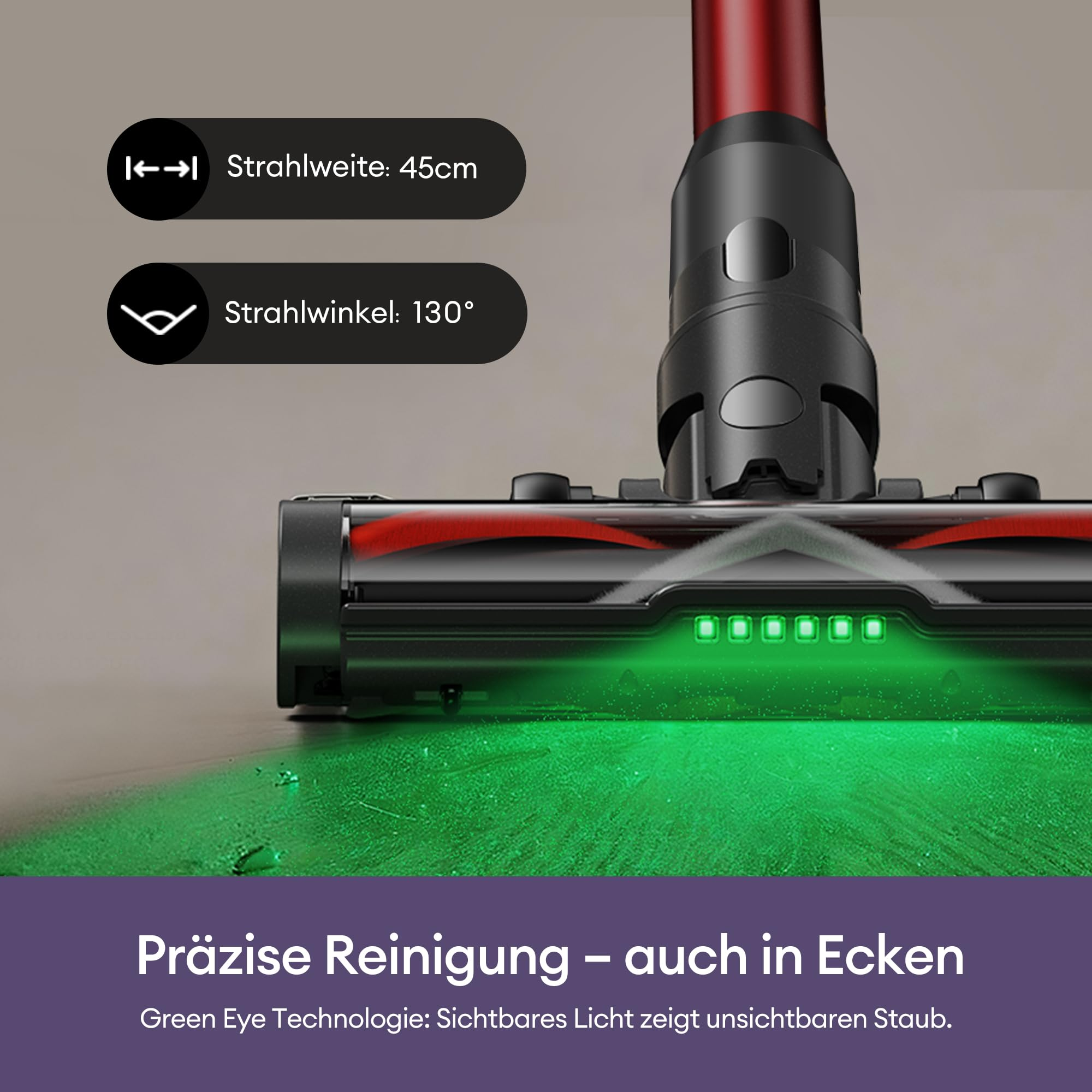 Testina aspirapolvere con luce verde rivela polvere, testo a sinistra e in basso.