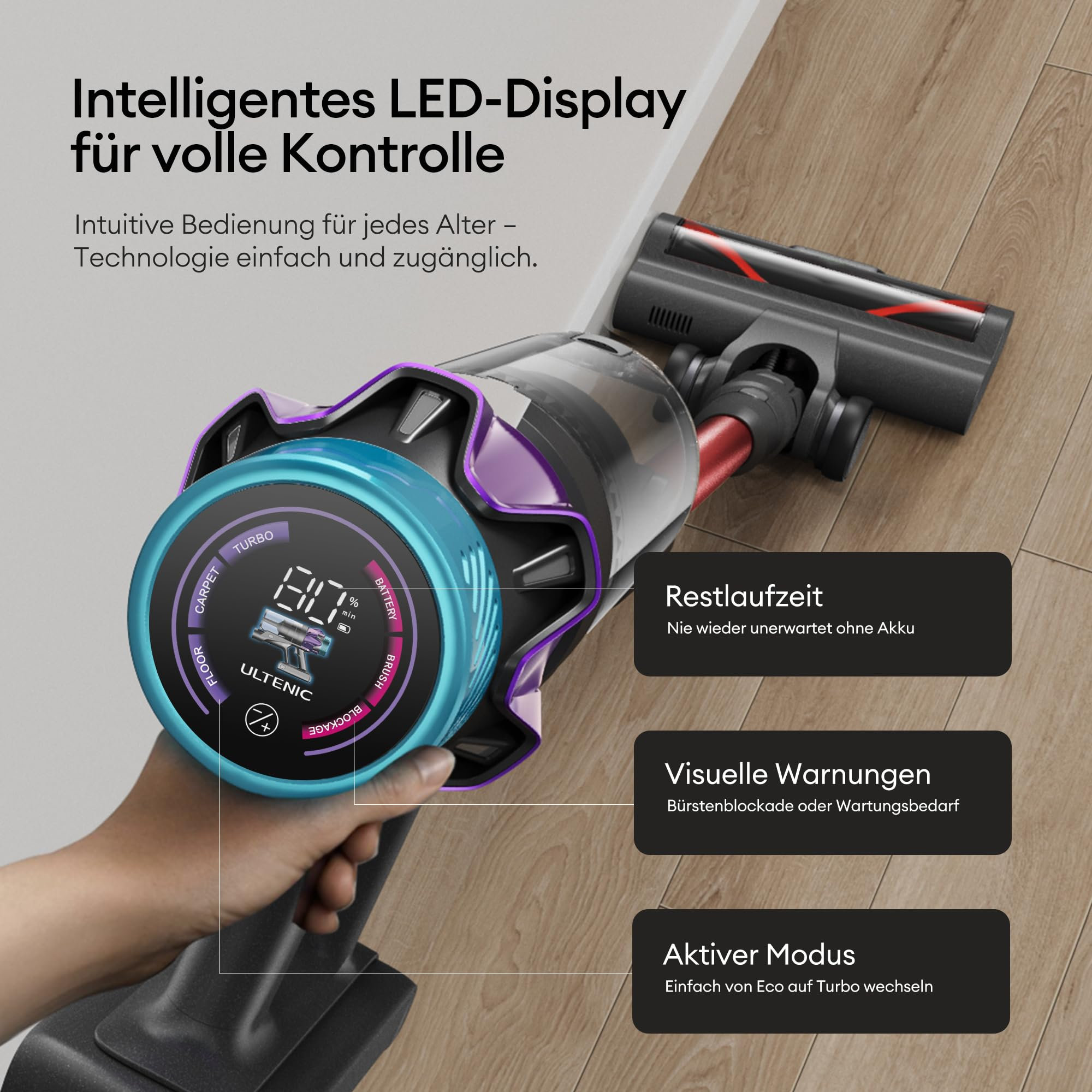 Mano impugna aspirapolvere senza filo con display LED luminoso e riquadri di testo su pavimento.