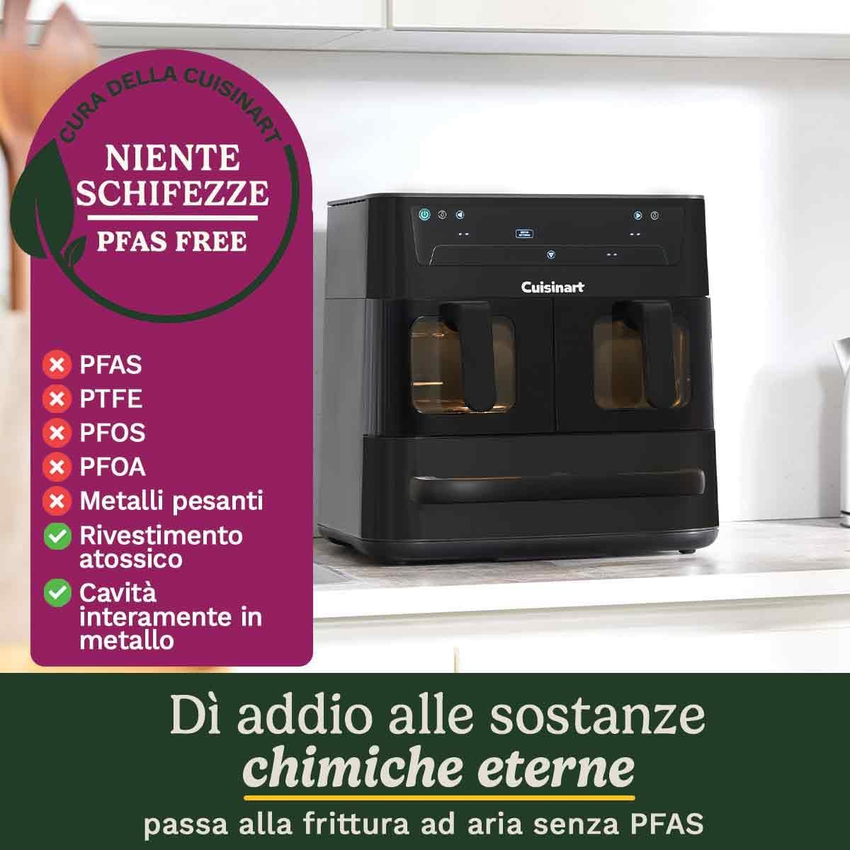 Friggitrice ad aria Cuisinart nera su un piano cucina con testo promozionale sulle caratteristiche senza PFAS a sinistra.