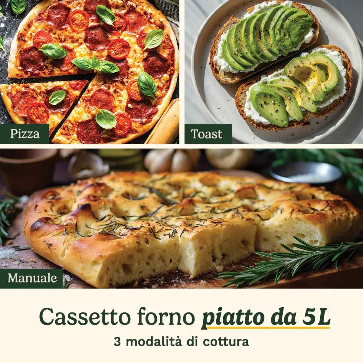 Pizza, toast e focaccia con testo per forno piatto da 5L.