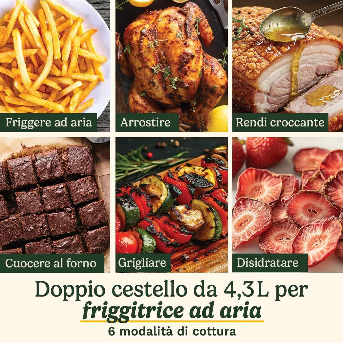 Sei pannelli di cibo che mostrano le modalità di cottura: patatine, pollo, maiale, brownies, spiedini e fragole.