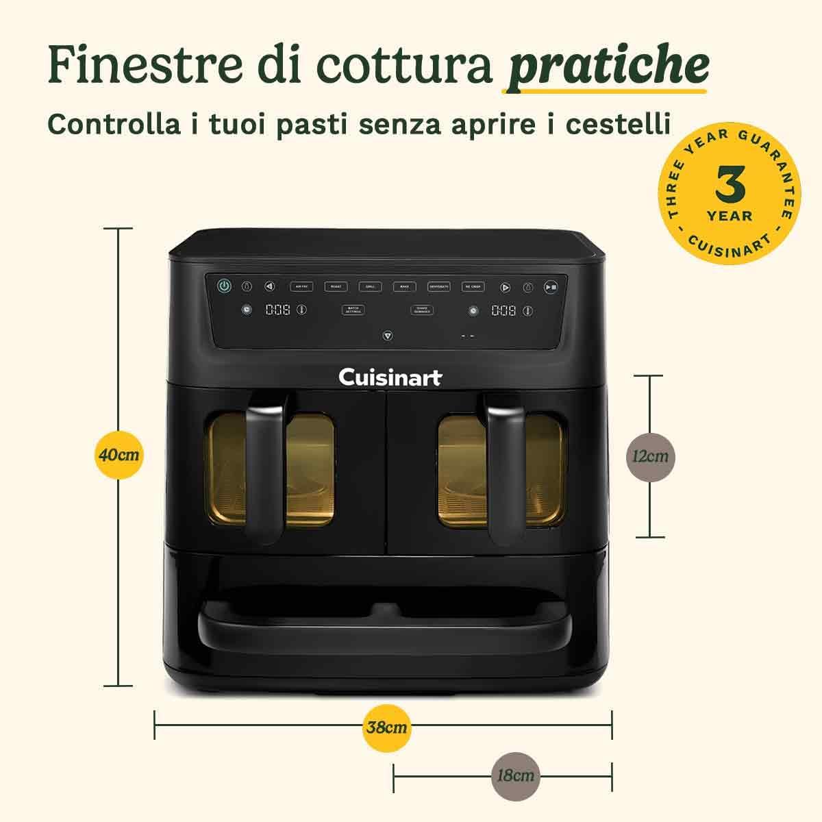 Friggitrice ad aria Cuisinart nera a doppio cestello con finestre e misure.