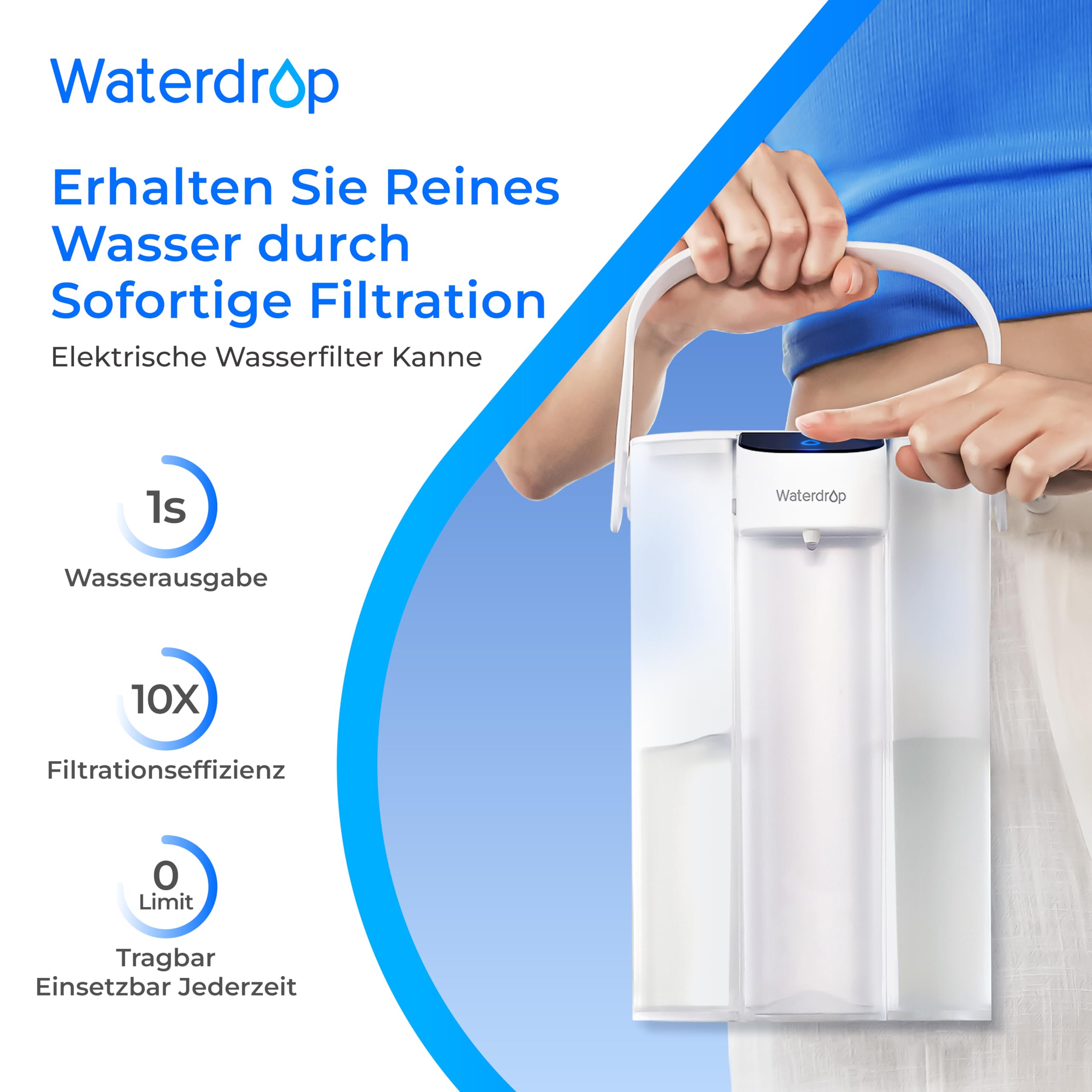 Una mano aziona una caraffa filtrante elettrica Waterdrop, promuovendo filtrazione istantanea e acqua pura.