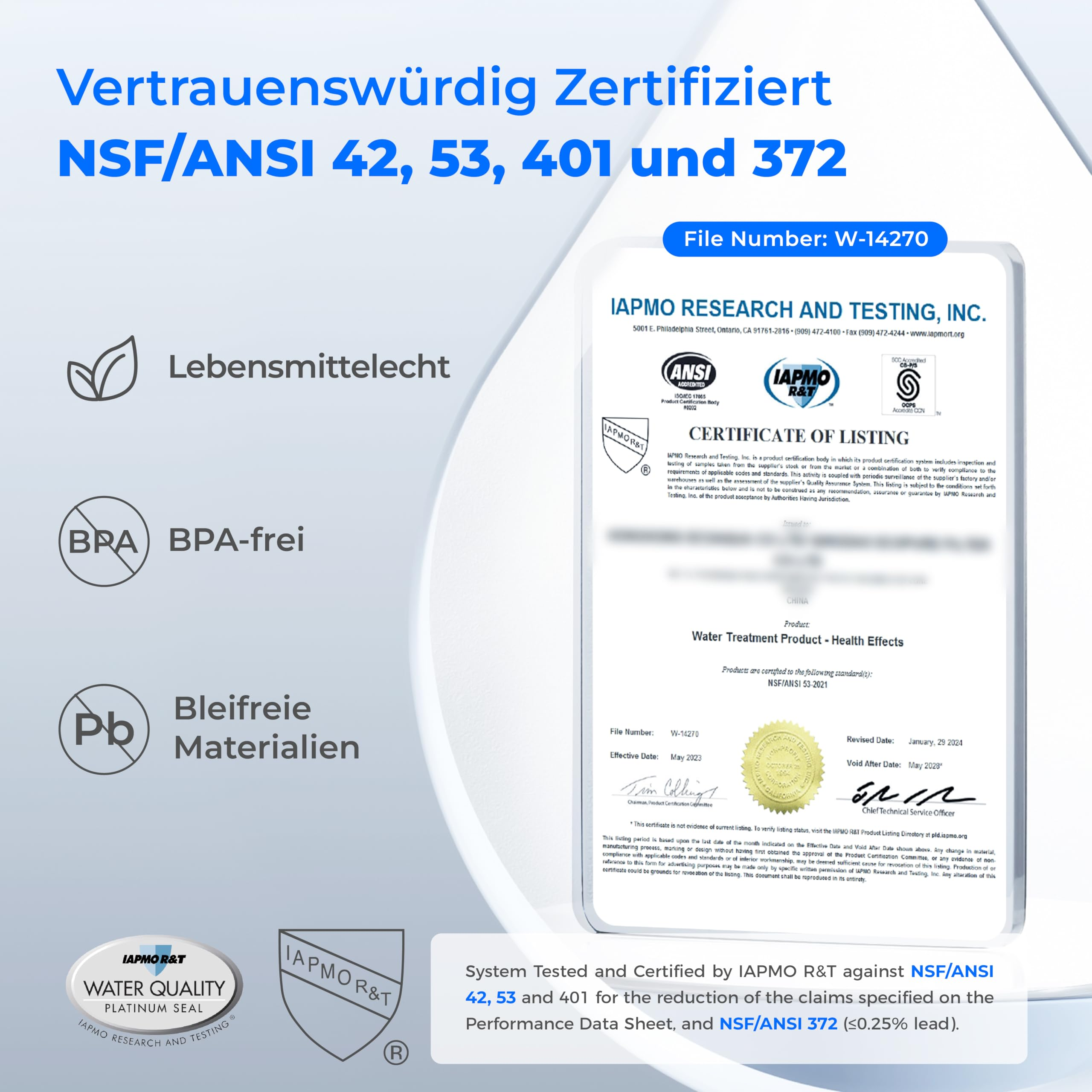 Documento di certificazione NSF/ANSI 42, 53, 401 e 372 con sigilli per uso alimentare, senza BPA e senza piombo.