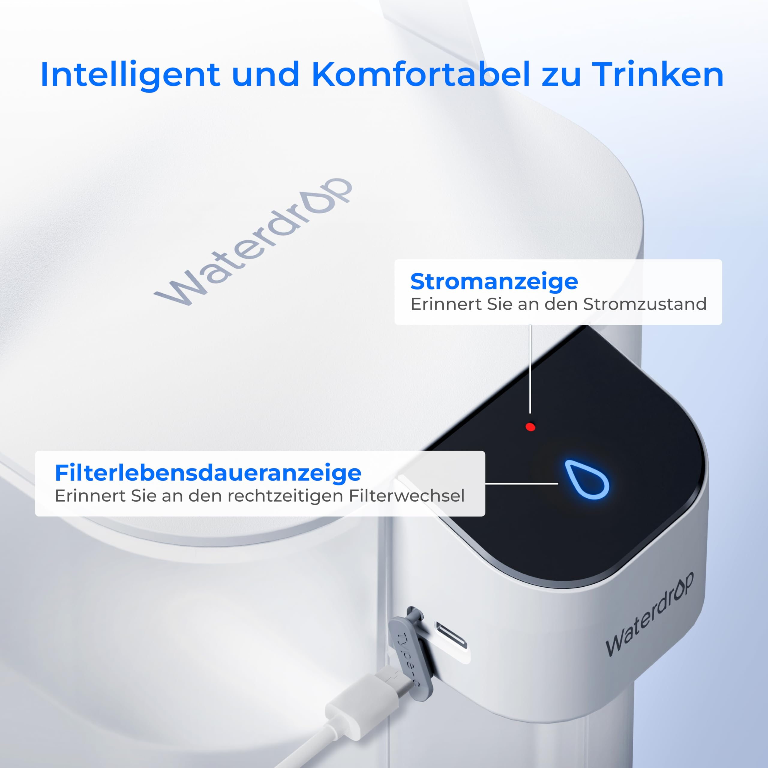 Filtro acqua Waterdrop con indicatori di alimentazione e filtro, ricaricato via USB-C.