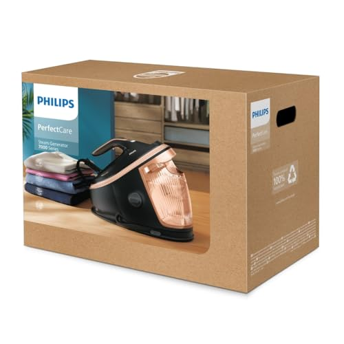 Verpackung mit einer schwarzen und kupferfarbenen Philips Dampfbügelstation und gestapelten Kleidungsstücken.