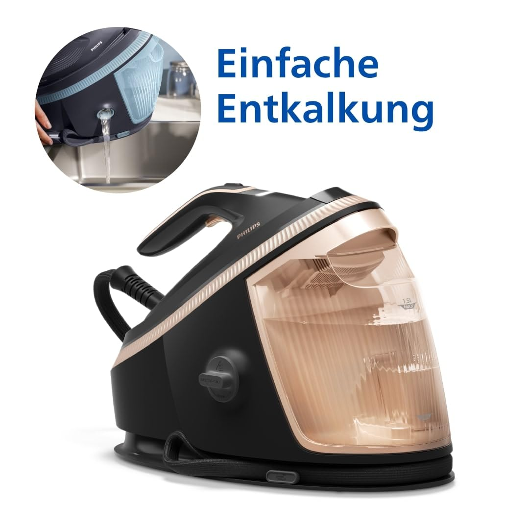 Schwarzes und roségoldenes Philips Dampfbügelstation mit großem Wassertank und Text über Entkalkung.