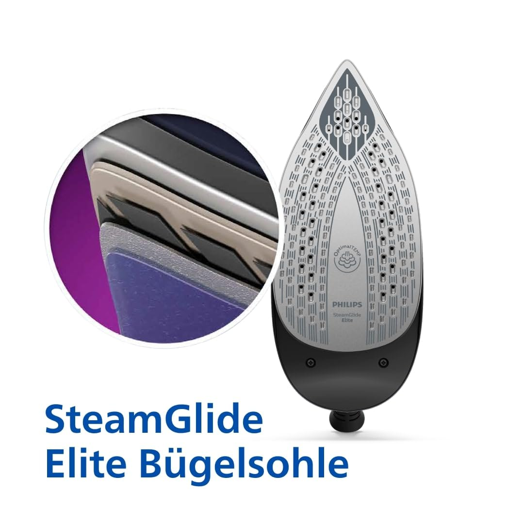 Nahaufnahme einer Philips SteamGlide Elite Bügelsohle mit Detailansicht links und deutschem Text unten.