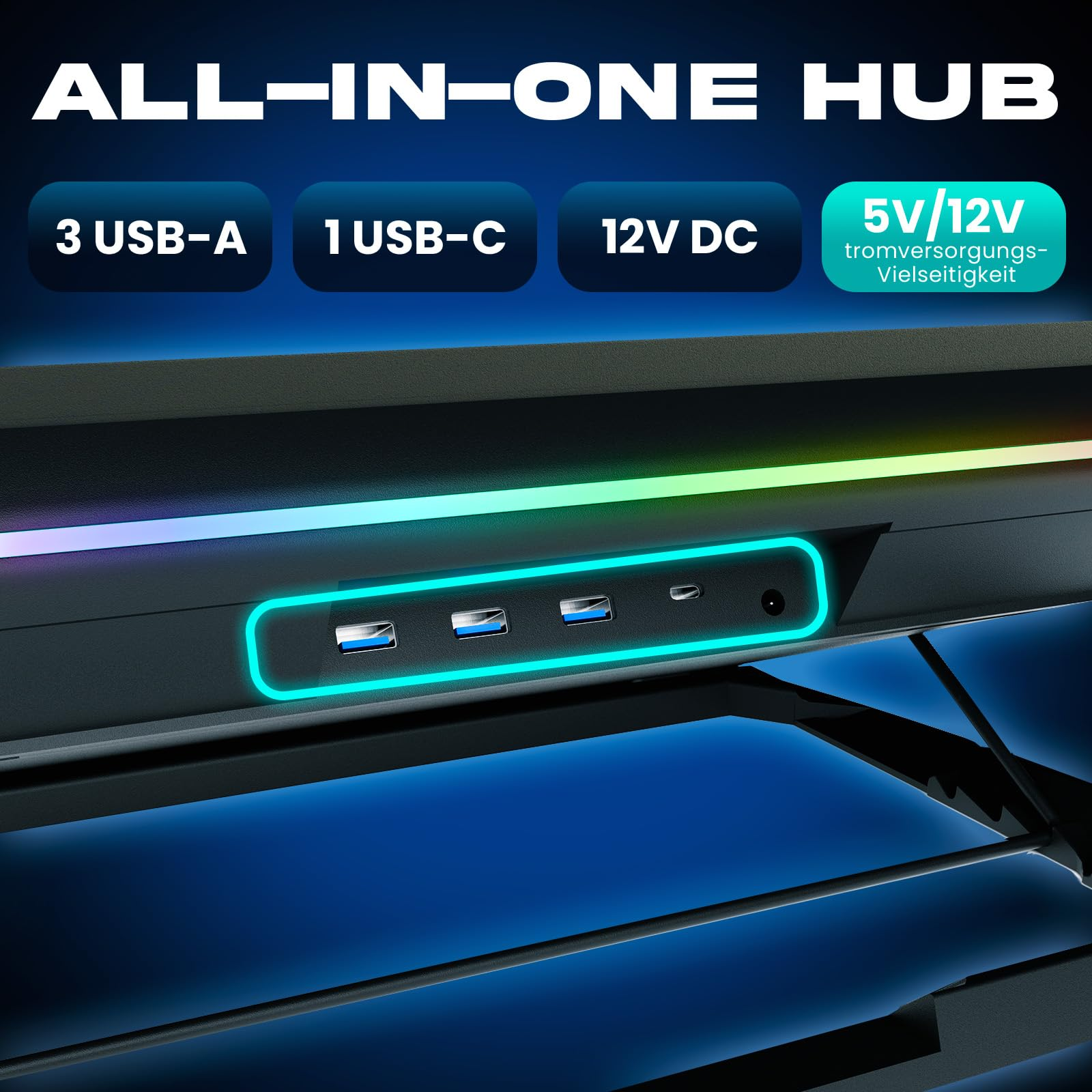 Un hub all-in-one con 3 porte USB-A, 1 USB-C e 12V CC con dettagli LED verde acqua su un supporto scuro.