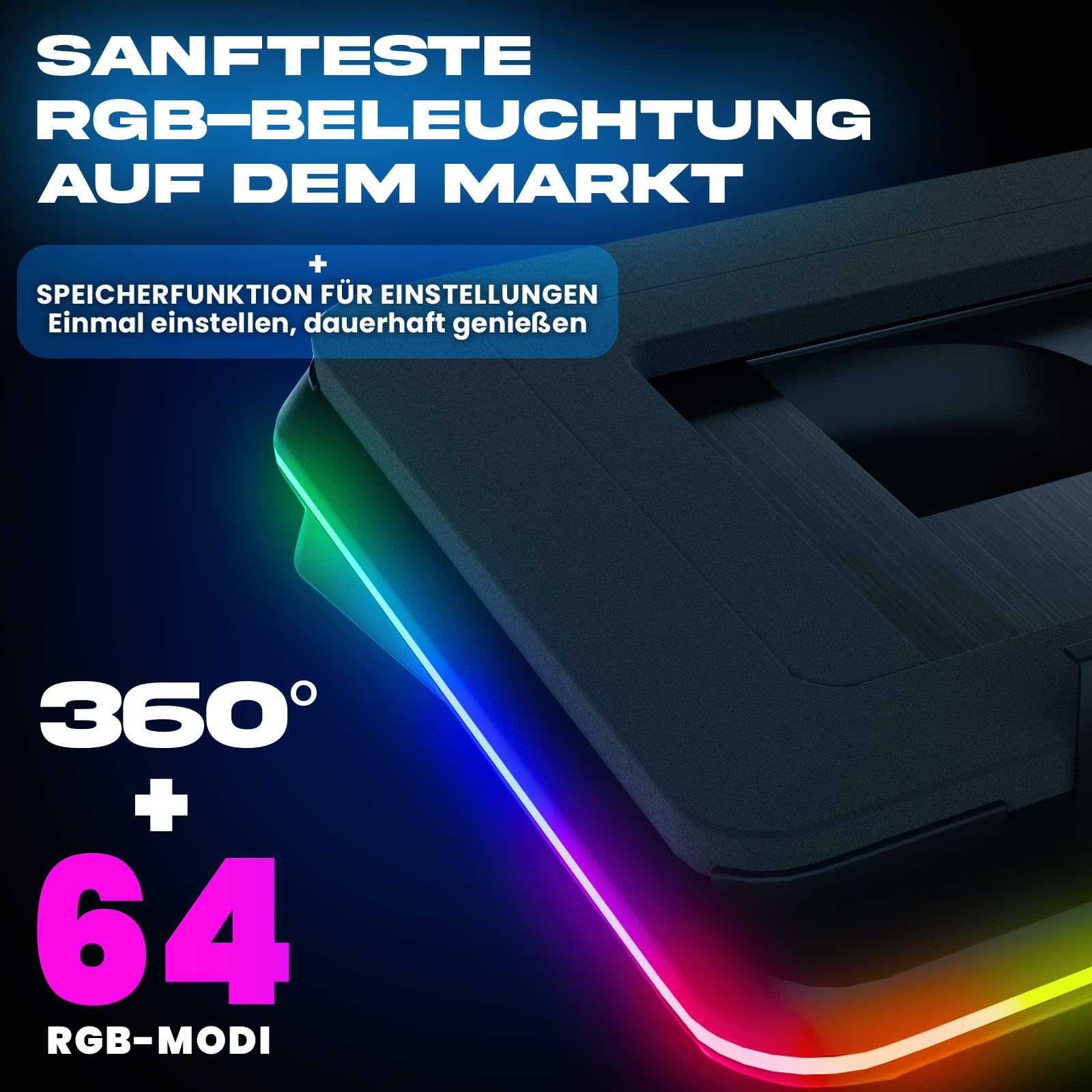 Un dispositivo nero con illuminazione RGB brillante e testi in tedesco.