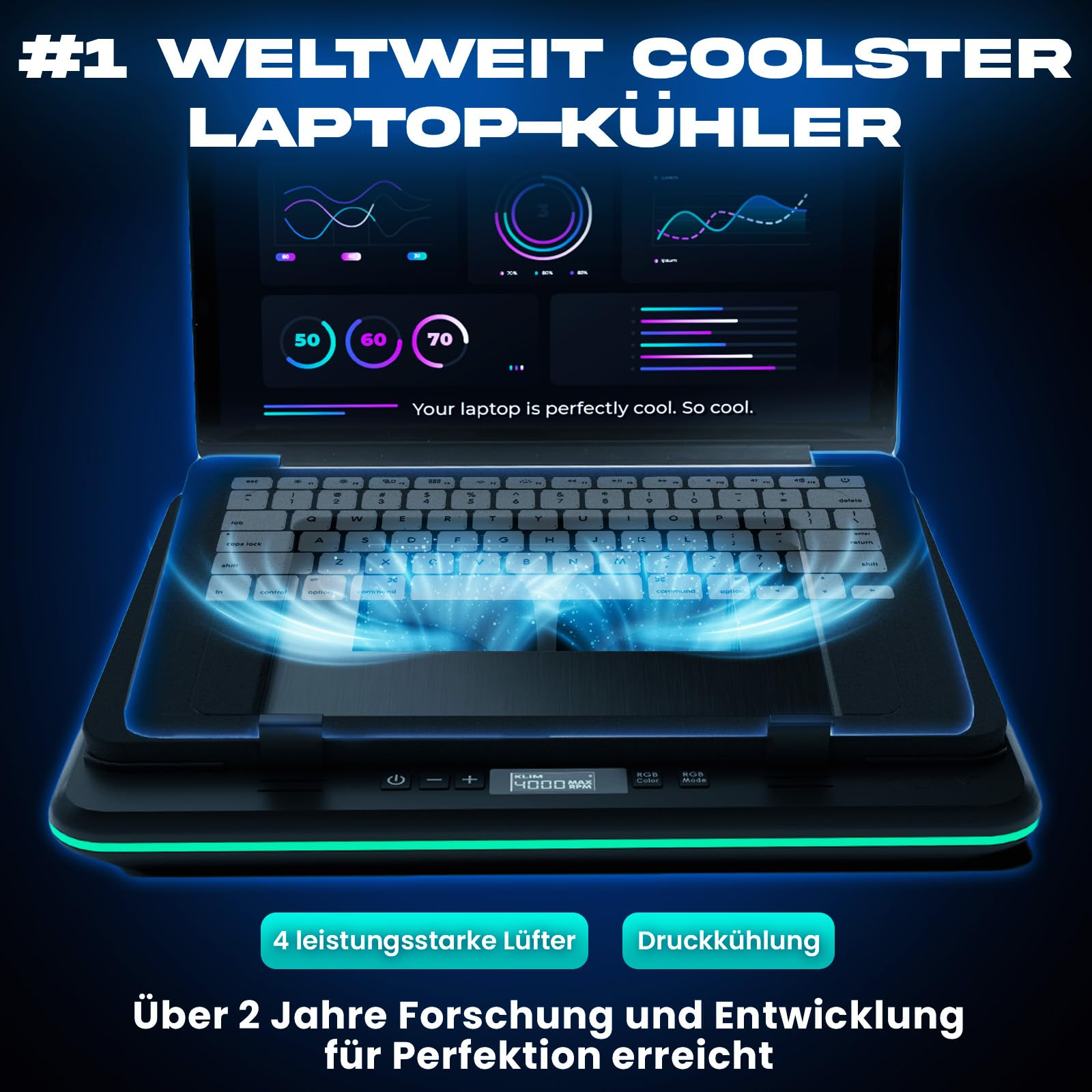 Un laptop su una base di raffreddamento luminosa con grafici delle prestazioni e luce blu.