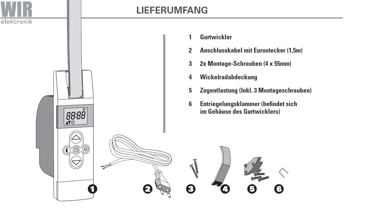 Lieferumfang eines Gurtwicklers mit Kabel, Schrauben, Abdeckung, Zugentlastung und Klammer.