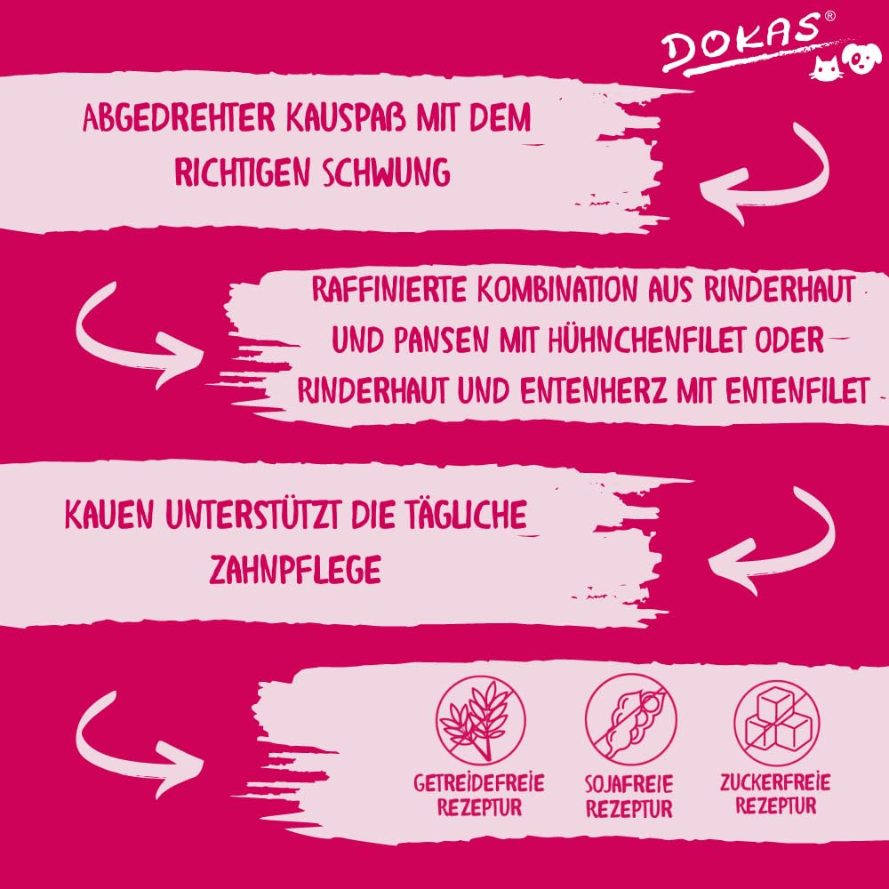 Rosa Werbebild mit Text, Pfeilen und Symbolen für getreide-, soja- und zuckerfreie Hundesnacks von Dokas.