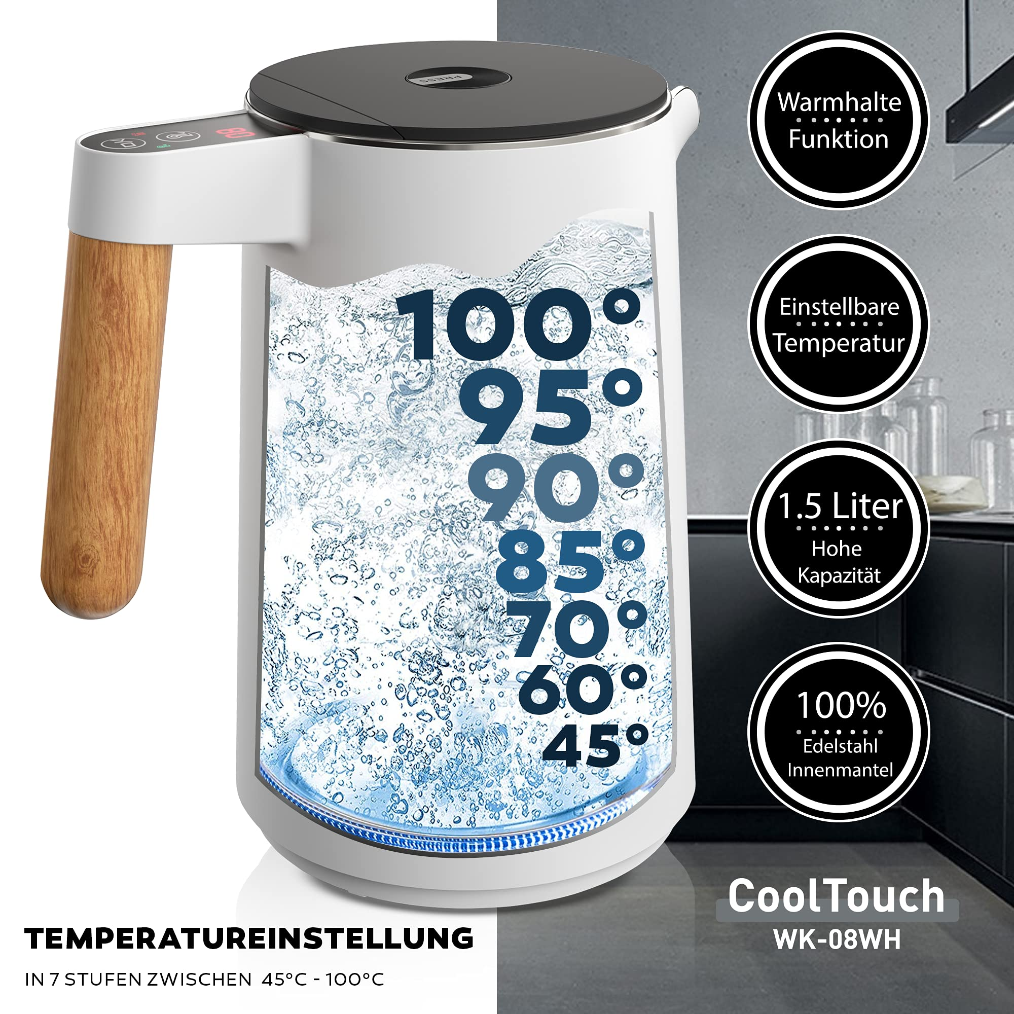 Bollitore elettrico bianco con manico in legno e display della temperatura su sfondo scuro.