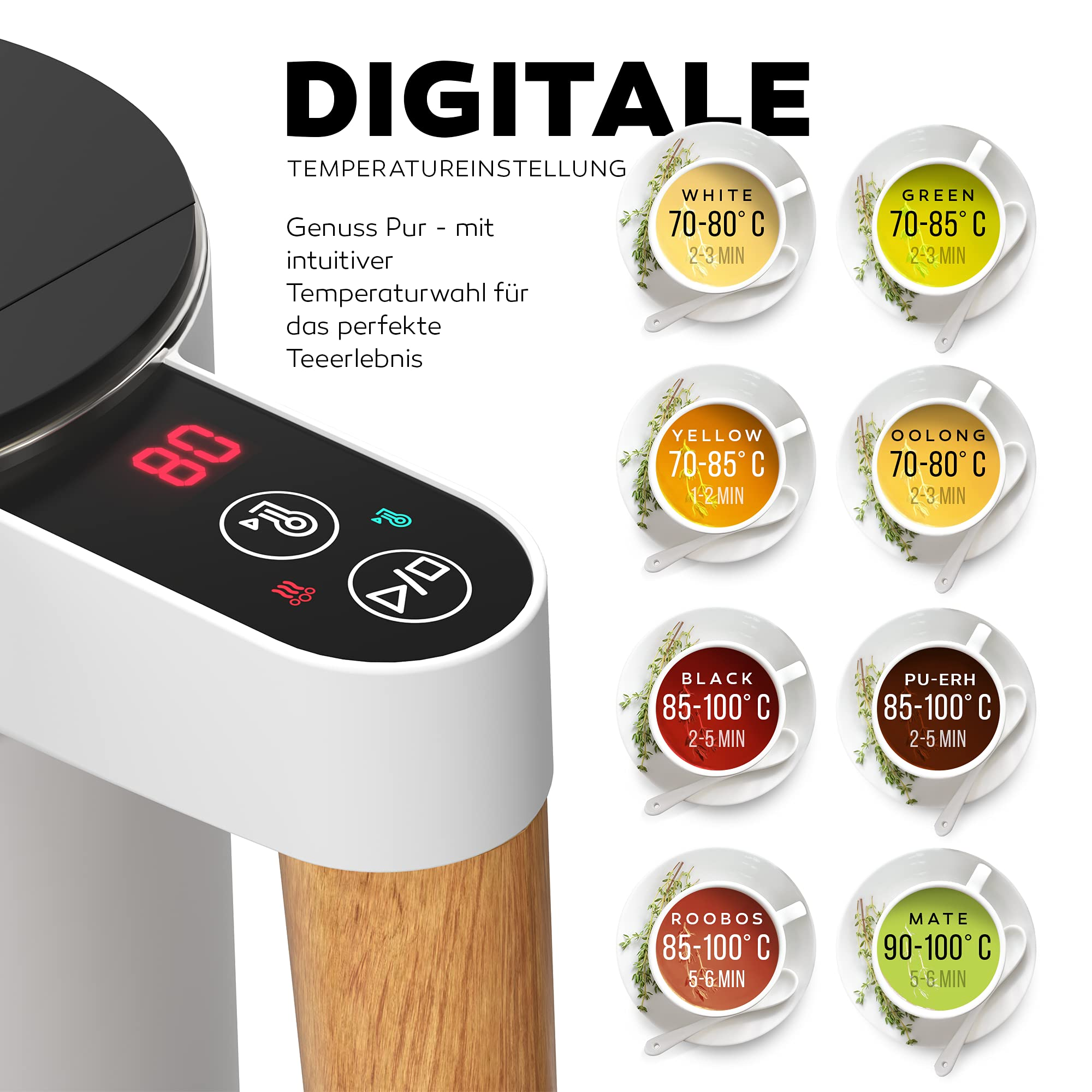 Macchina da tè digitale con display che mostra diversi tipi di tè e le temperature ottimali.