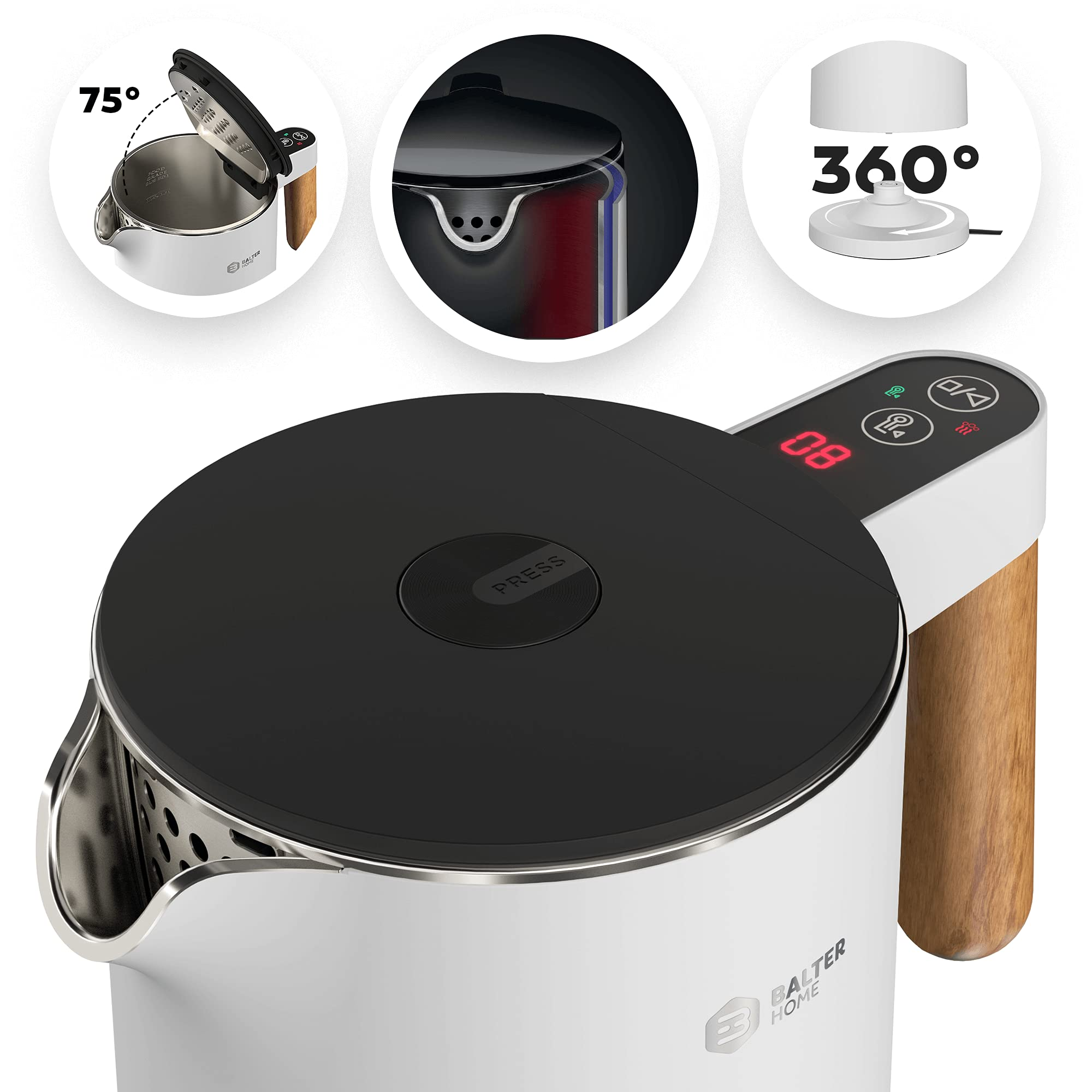 Bollitore elettrico bianco e nero con manico in legno, display digitale e tre diagrammi circolari.