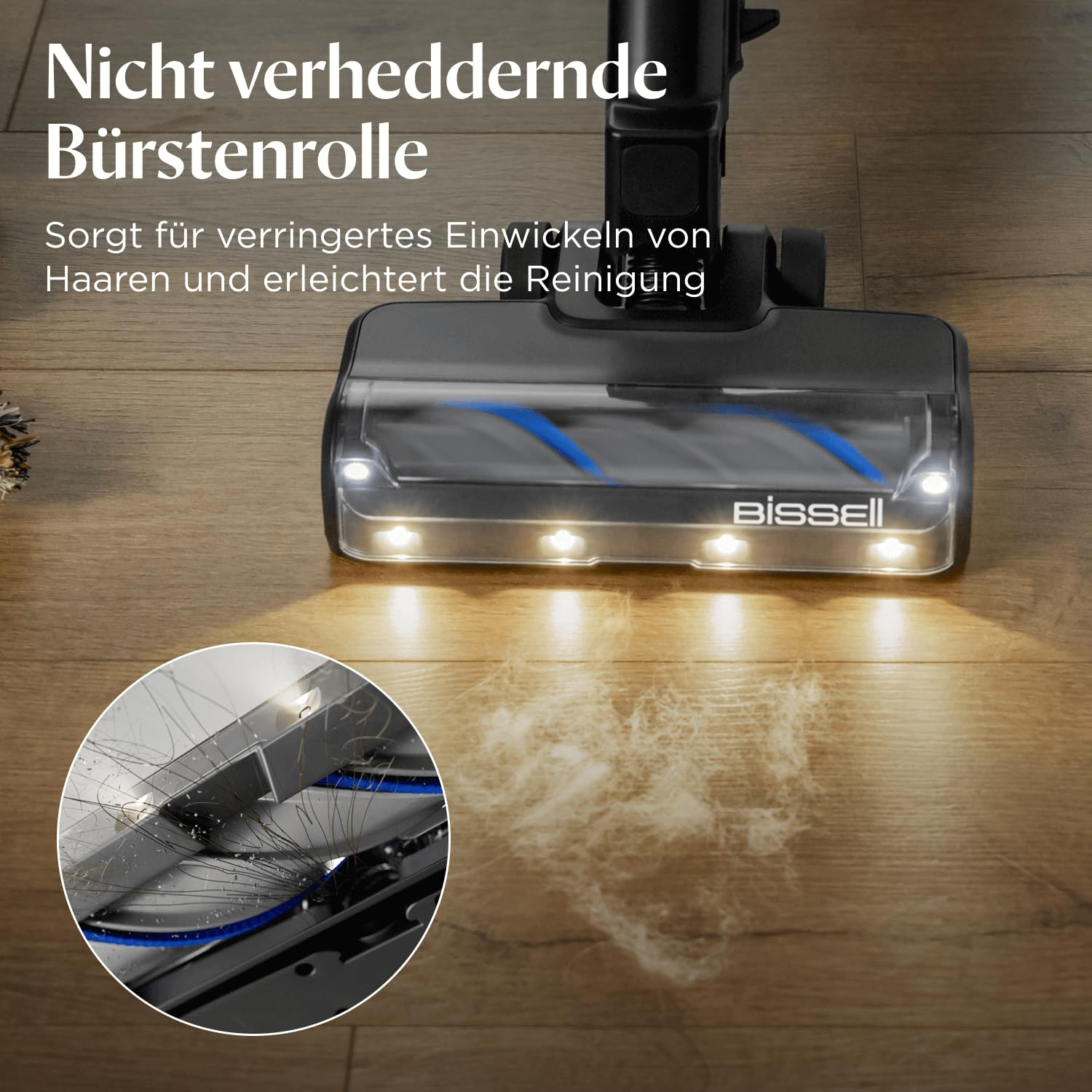 Testina aspirapolvere Bissell con LED su pavimento in legno, con inserto spazzola e testo in tedesco.