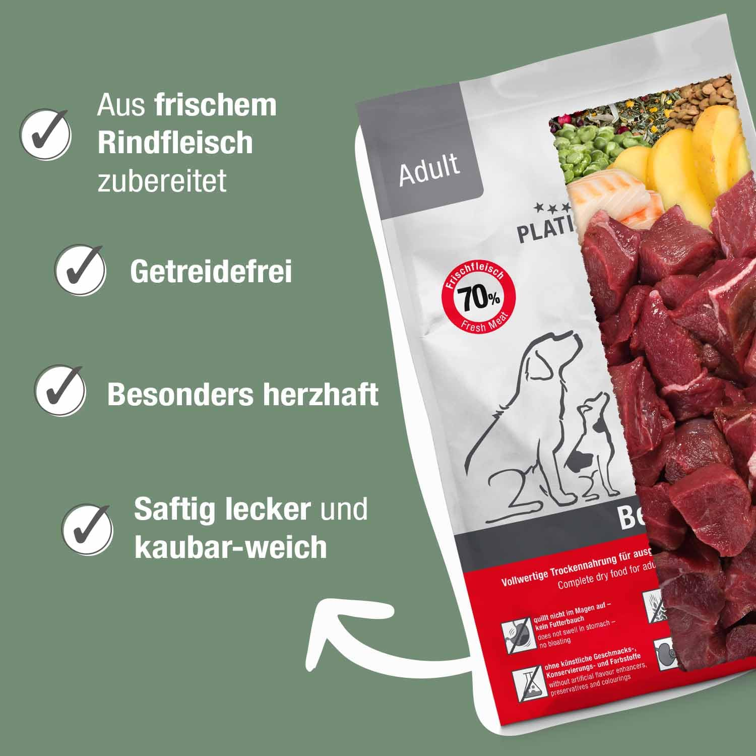 Verpackung von Adult-Hundefutter mit rohem Fleisch, Äpfeln und Kräutern auf grünem Hintergrund.